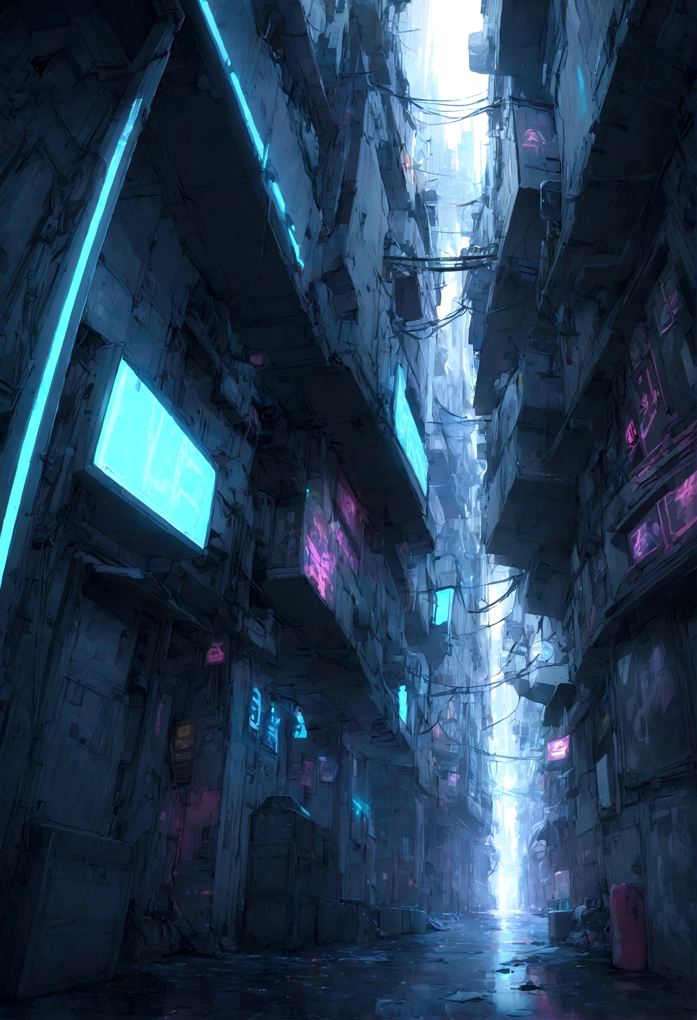 Cyberpunk slum alley overflowing with blue neon light