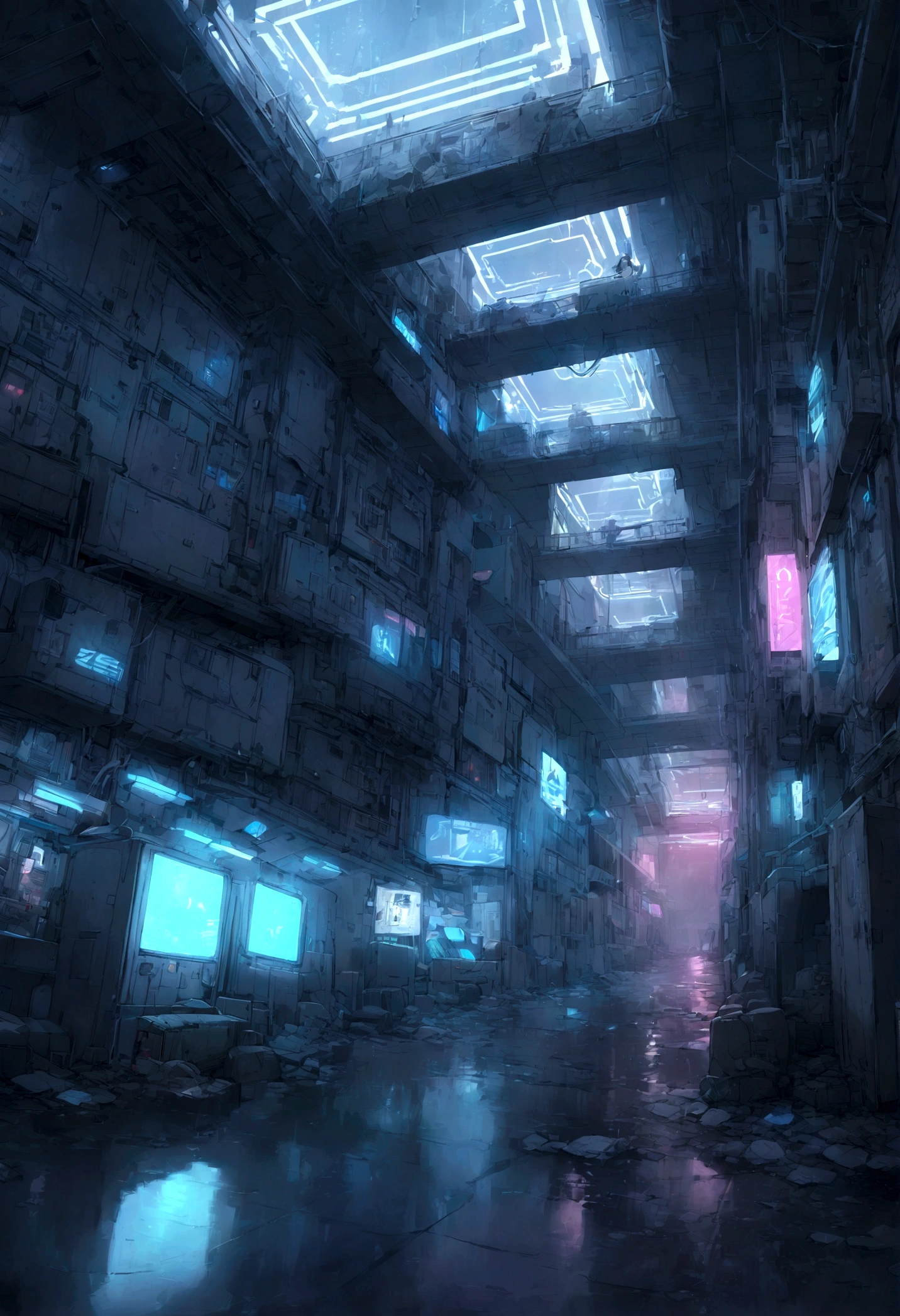 Cyberpunk slum alley overflowing with blue neon light