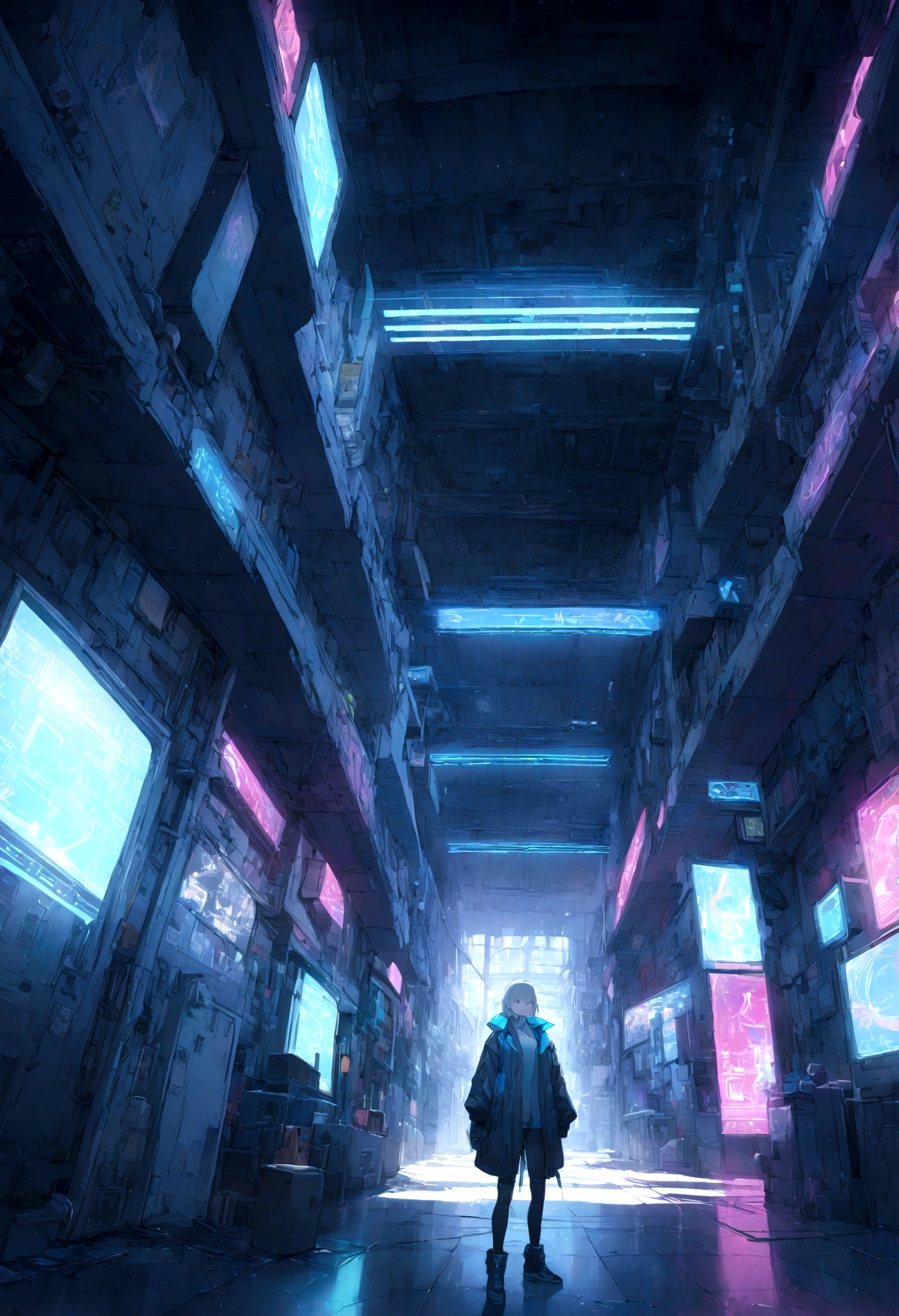 Cyberpunk slum alley overflowing with blue neon light
