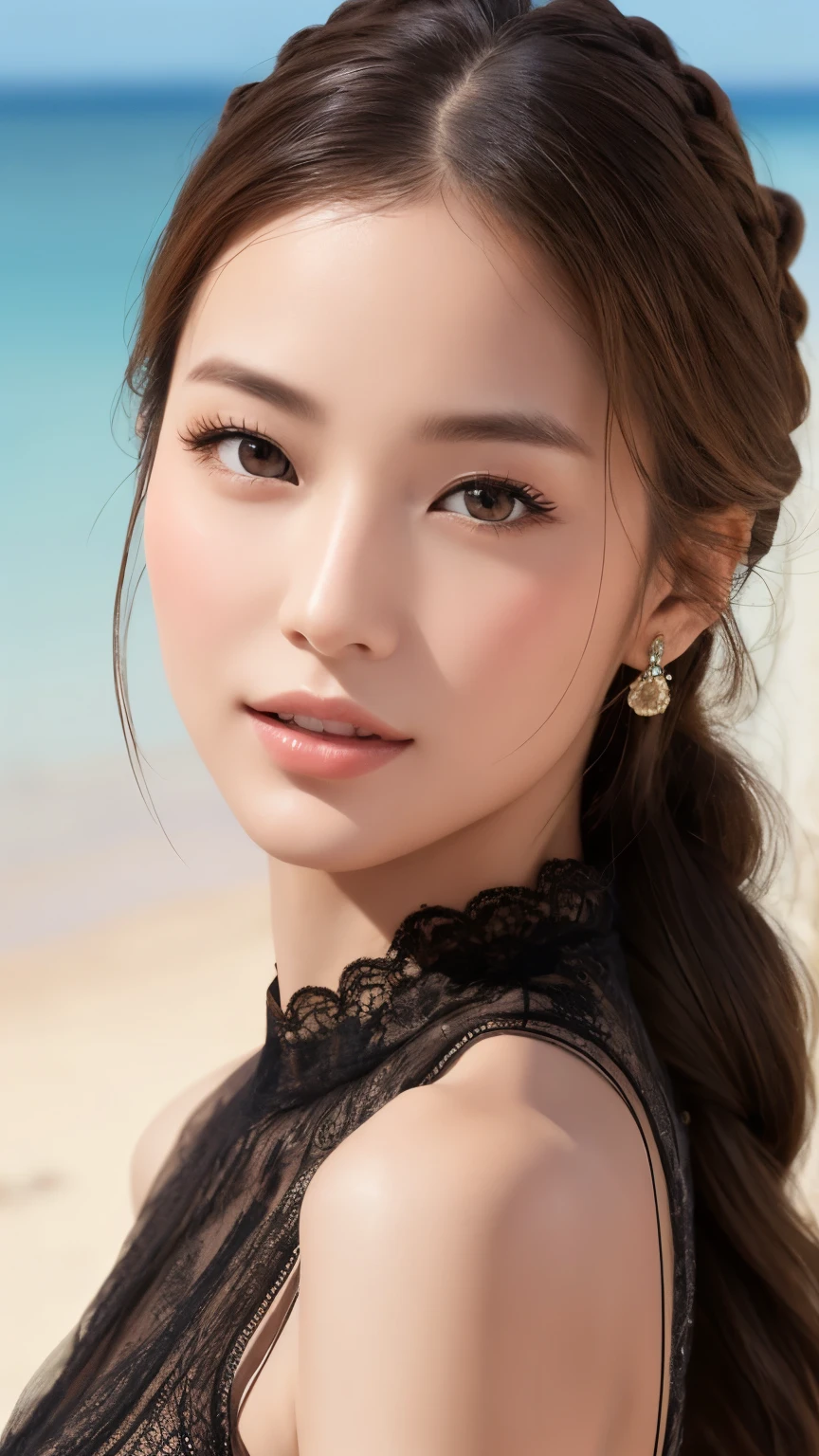highest quality、Realistic、Realistic、Very detailed、Very delicate and beautiful、RAW Photos、Professional Lighting、Facial Light、Written boundary depth、Focus Only、Ezvian everywhere,1 female (Beach):1.4)、Brown haired、Brown eyes、Small Head、Beautiful Eyes、Dark eyeliner、非常にLarge Breasts、True Face、Real Skin、Lively Faces、Realistic Skin、Fine grain、Detailed facial features、Detailed characteristics of the garment、(Fashion Clothing:1.3) ), (Fashion Hairstyles: 1.3)、 Looking at the audience, Simple Background, Magnificent face, Beautiful Teeth、Large Breasts、Valley
