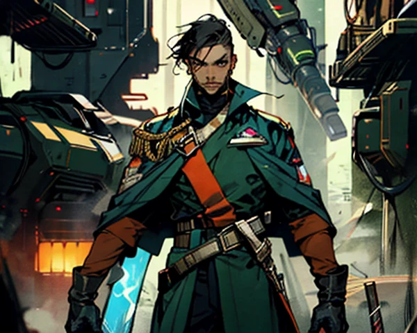 1 man, short black hair, icy and resolute eyes, refined, detailed face, wears a futuristic two-piece military-style outfit, tall and slender, a short cape, mainly in shades of green, accentuated by touches of red, wears dark pants, holds a futuristic style metal baton in his hands, set in the futuristic science fiction atmosphere, on a spaceship, this character embodies a futuristic science fiction military officer in anime style, characterized by exquisite manga illustration art style and mature, high definition, best quality, high resolution, ultra-detailed, ultra-fine painting, extremely delicate, professional, anatomically correct, symmetrical face, extremely detailed eyes and face, high-quality eyes, creativity, RAW photo, UHD, 8k, natural light, cinematic lighting, masterpiece: 1.5