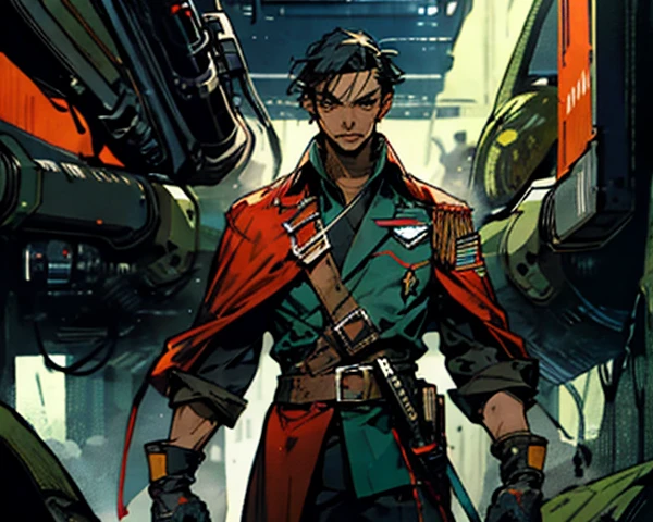 1 man, short black hair, icy and resolute eyes, refined, detailed face, wears a futuristic two-piece military-style outfit, tall and slender, a short cape, mainly in shades of green, accentuated by touches of red, wears dark pants, holds a futuristic style metal baton in his hands, set in the futuristic science fiction atmosphere, on a spaceship, this character embodies a futuristic science fiction military officer in anime style, characterized by exquisite manga illustration art style and mature, high definition, best quality, high resolution, ultra-detailed, ultra-fine painting, extremely delicate, professional, anatomically correct, symmetrical face, extremely detailed eyes and face, high-quality eyes, creativity, RAW photo, UHD, 8k, natural light, cinematic lighting, masterpiece: 1.5