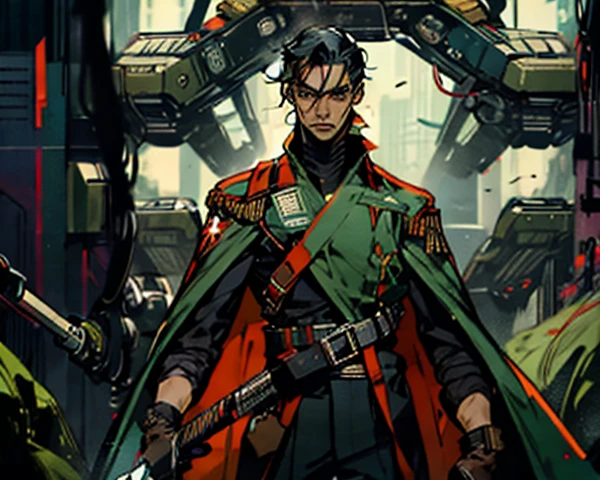 1 man, short black hair, icy and resolute eyes, refined, detailed face, wears a futuristic two-piece military-style outfit, tall and slender, a short cape, mainly in shades of green, accentuated by touches of red, wears dark pants, holds a futuristic style metal baton in his hands, set in the futuristic science fiction atmosphere, on a spaceship, this character embodies a futuristic science fiction military officer in anime style, characterized by exquisite manga illustration art style and mature, high definition, best quality, high resolution, ultra-detailed, ultra-fine painting, extremely delicate, professional, anatomically correct, symmetrical face, extremely detailed eyes and face, high-quality eyes, creativity, RAW photo, UHD, 8k, natural light, cinematic lighting, masterpiece: 1.5