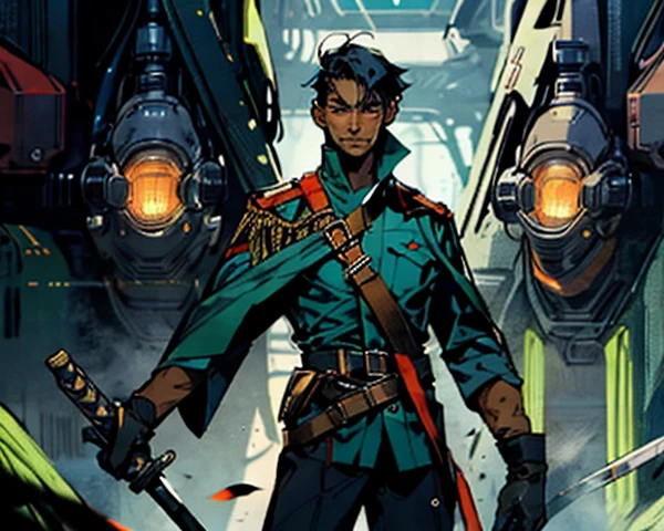 1 man, short black hair, icy and resolute eyes, refined, detailed face, wears a futuristic two-piece military-style outfit, tall and slender, a short cape, mainly in shades of green, accentuated by touches of red, wears dark pants, holds a futuristic style metal baton in his hands, set in the futuristic science fiction atmosphere, on a spaceship, this character embodies a futuristic science fiction military officer in anime style, characterized by exquisite manga illustration art style and mature, high definition, best quality, high resolution, ultra-detailed, ultra-fine painting, extremely delicate, professional, anatomically correct, symmetrical face, extremely detailed eyes and face, high-quality eyes, creativity, RAW photo, UHD, 8k, natural light, cinematic lighting, masterpiece: 1.5