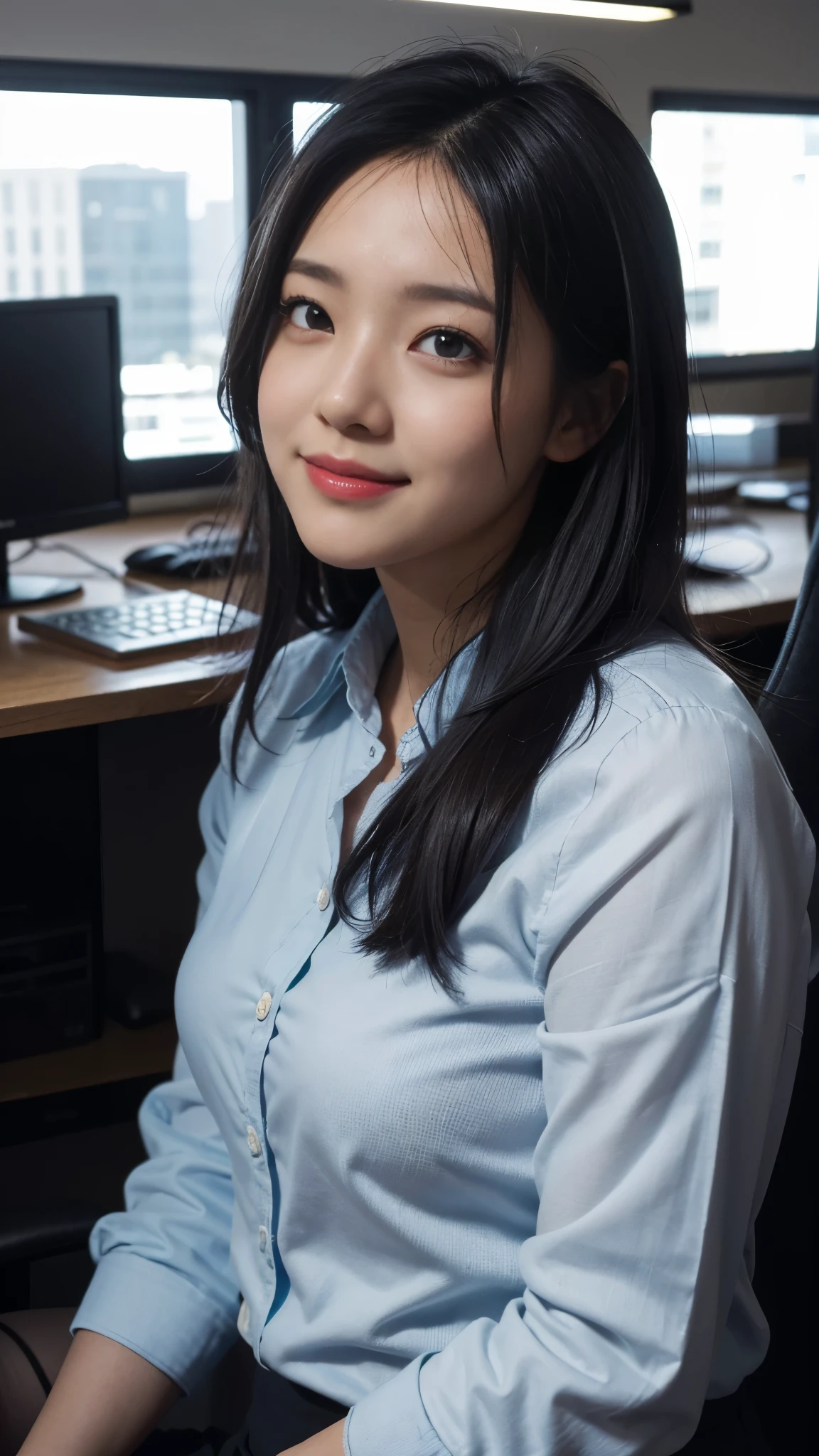(dramatic angle)（Ultra high definition）（masterpiece）（Textured skin）（Very detailed）（high quality）（最high quality）（First Person View）(16k )Office Lady,1 person,Cute woman,,Black Hair,smile,