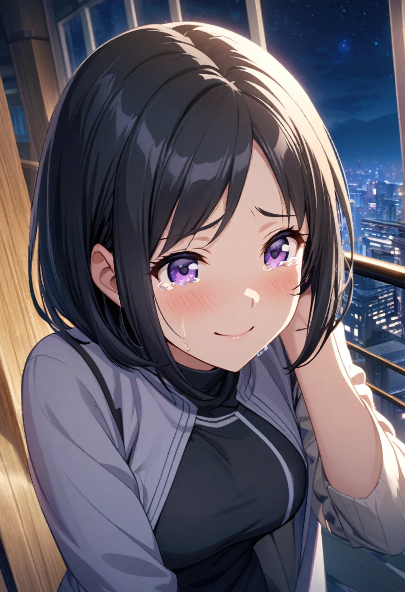 game cg,1girl,one length bob cut hair,parted bangs,black hair,purple eyes,medium breasts,((happy tears)),smile,((tears)),wiping tears,night,outdoor observation deck,
