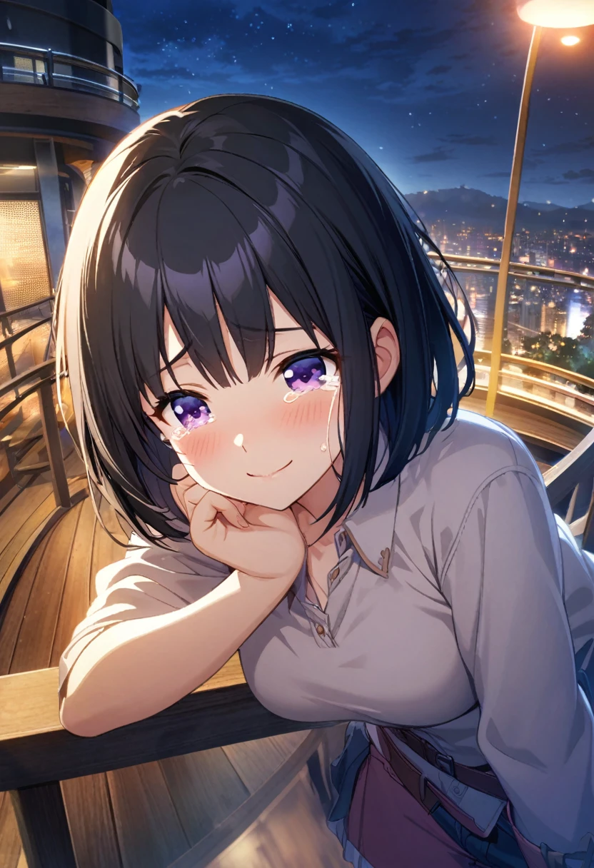 game cg,1girl,one length bob cut hair,parted bangs,black hair,purple eyes,medium breasts,((happy tears)),smile,((tears)),wiping tears,night,outdoor observation deck,