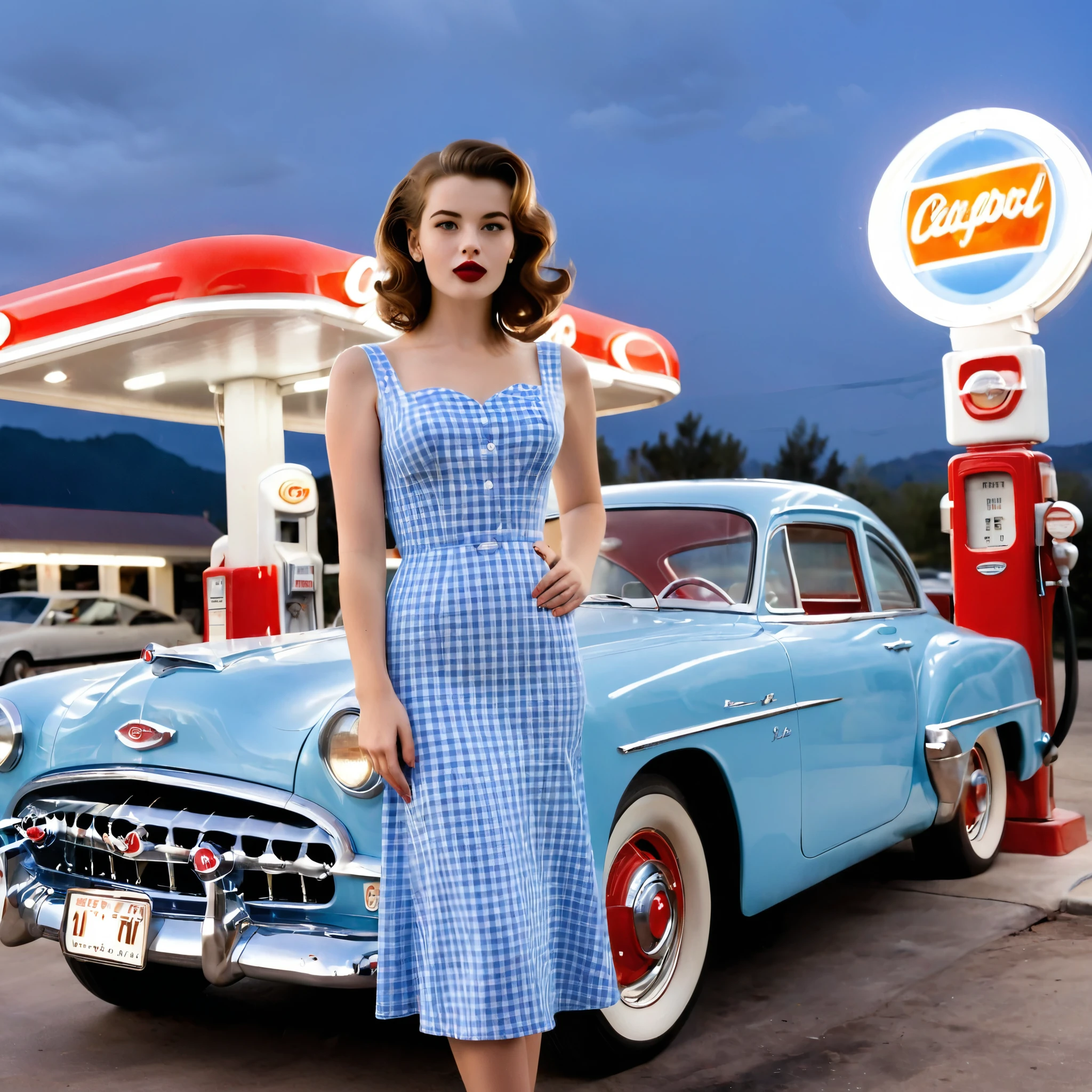 A beautiful young woman with vintage 1950s style stands confidently in front of a classic blue car at a retro gas station. She wears a form-fitting, blue gingham dress that accentuates her figure, complemented by red lipstick and elegant, curled brown hair. The gas station has a nostalgic feel, with red and white accents and a classic gas pump. The night sky above is clear, adding a serene ambiance to the scene. The overall mood is nostalgic and glamorous, capturing the essence of mid-20th-century Americana.