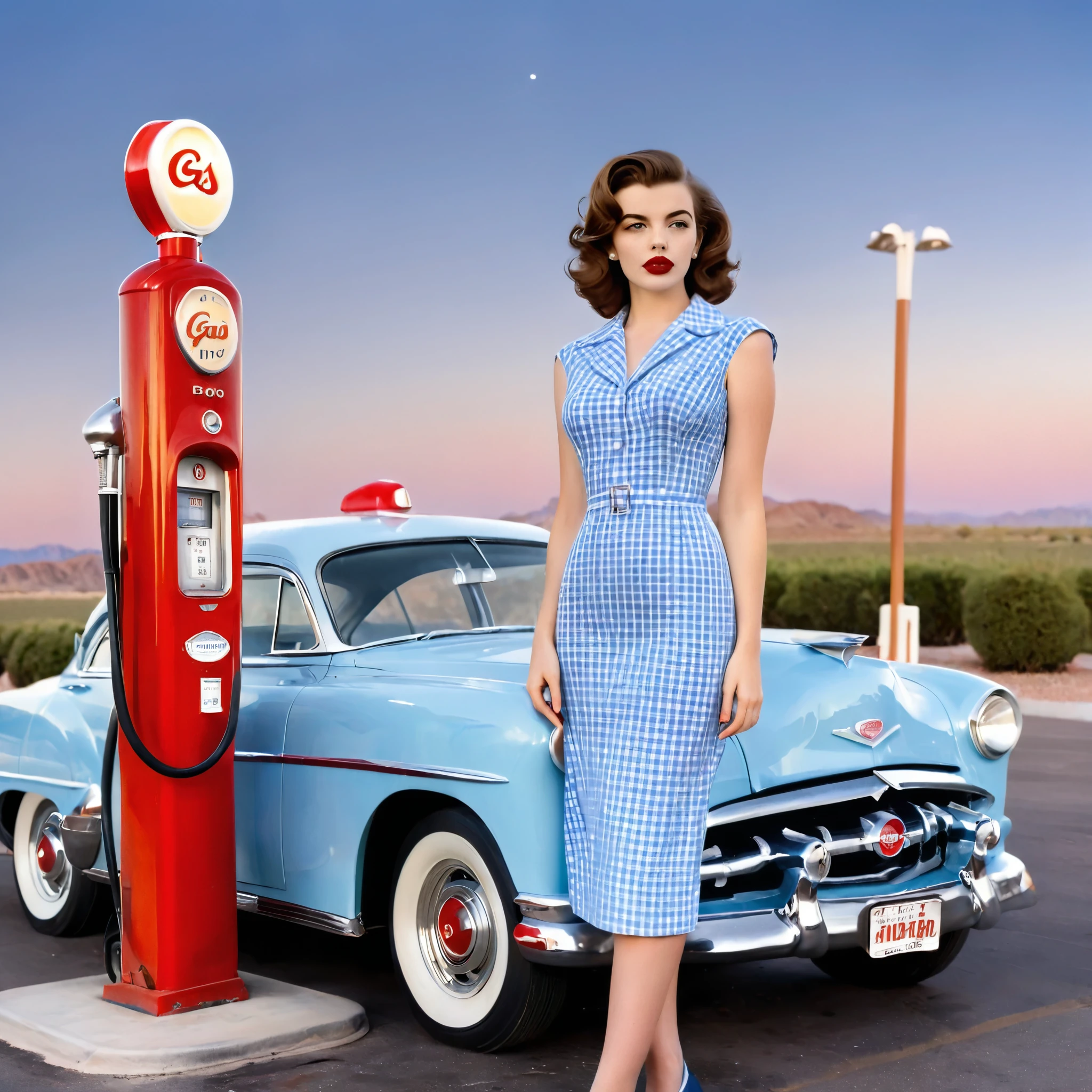 A beautiful young woman with vintage 1950s style stands confidently in front of a classic blue car at a retro gas station. She wears a form-fitting, blue gingham dress that accentuates her figure, complemented by red lipstick and elegant, curled brown hair. The gas station has a nostalgic feel, with red and white accents and a classic gas pump. The night sky above is clear, adding a serene ambiance to the scene. The overall mood is nostalgic and glamorous, capturing the essence of mid-20th-century Americana.