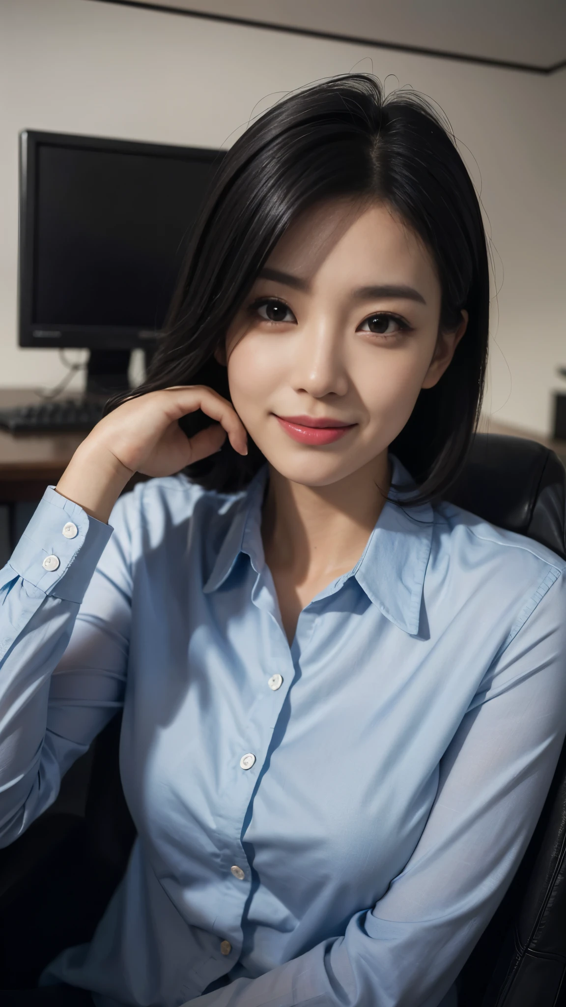 1girl、((muste piece)), ((best quality)), (Super detailed), model-like face、Beautiful woman、plump chest、office、soft blue blouse、Hostess、smile