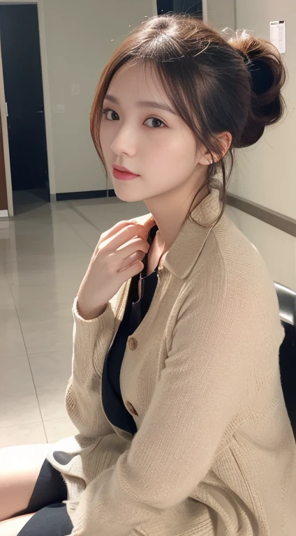 indoor, A gentle and charming beautiful goddess, hairorean people(K-POPアイドル), alone, ponytail, Long legs, Face like goose eggs, double eyelid, Creative, Nice hands, Good legs, nature(Moderate:1.25), open button shirt, Exposed breasts,(Glossy glossy shairin:1.05), ((Low angle)), Perfect body, (hair, Hyper HD, RAW Photos, The best quality at its best, masterpiece:1.4), (Actual, photo-Actual:1.37), Ultra-high resolution, Photon Mapping, Radio City, Physically Based Rendering, Professional soft lighting