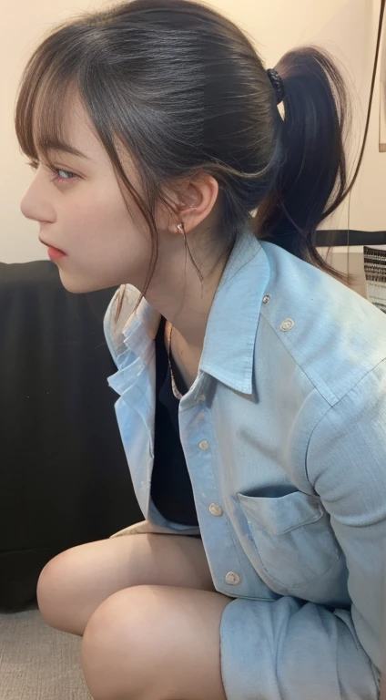 indoor, A gentle and charming beautiful goddess, hairorean people(K-POPアイドル), alone, ponytail, Long legs, Face like goose eggs, double eyelid, Creative, Nice hands, Good legs, nature(Moderate:1.25), open button shirt,  Exposed breasts，(Glossy glossy shairin:1.05), ((Low angle)), Perfect body, (hair, Hyper HD, RAW Photos, The best quality at its best, masterpiece:1.4), (Actual, photo-Actual:1.37), Ultra-high resolution, Photon Mapping, Radio City, Physically Based Rendering, Professional soft lighting、munechira、see-through bra