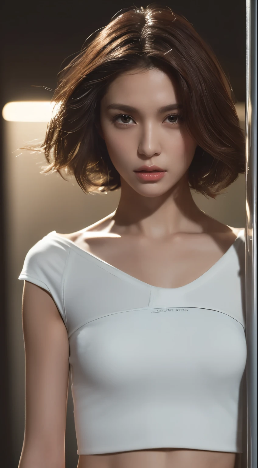 ((Realistic lighting, top quality, 8K, Masterpiece: 1.3)), Clear Focus: 1.2, 1 girl, Perfect figure: 1.4, Slim abs: 1.1, (((Dark Brown hair)), (White Tube Top: 1.4), (Outdoor, Night: 1.1), Street, Ultra Slender Face, Narrow Eyes, Double Eyelids,