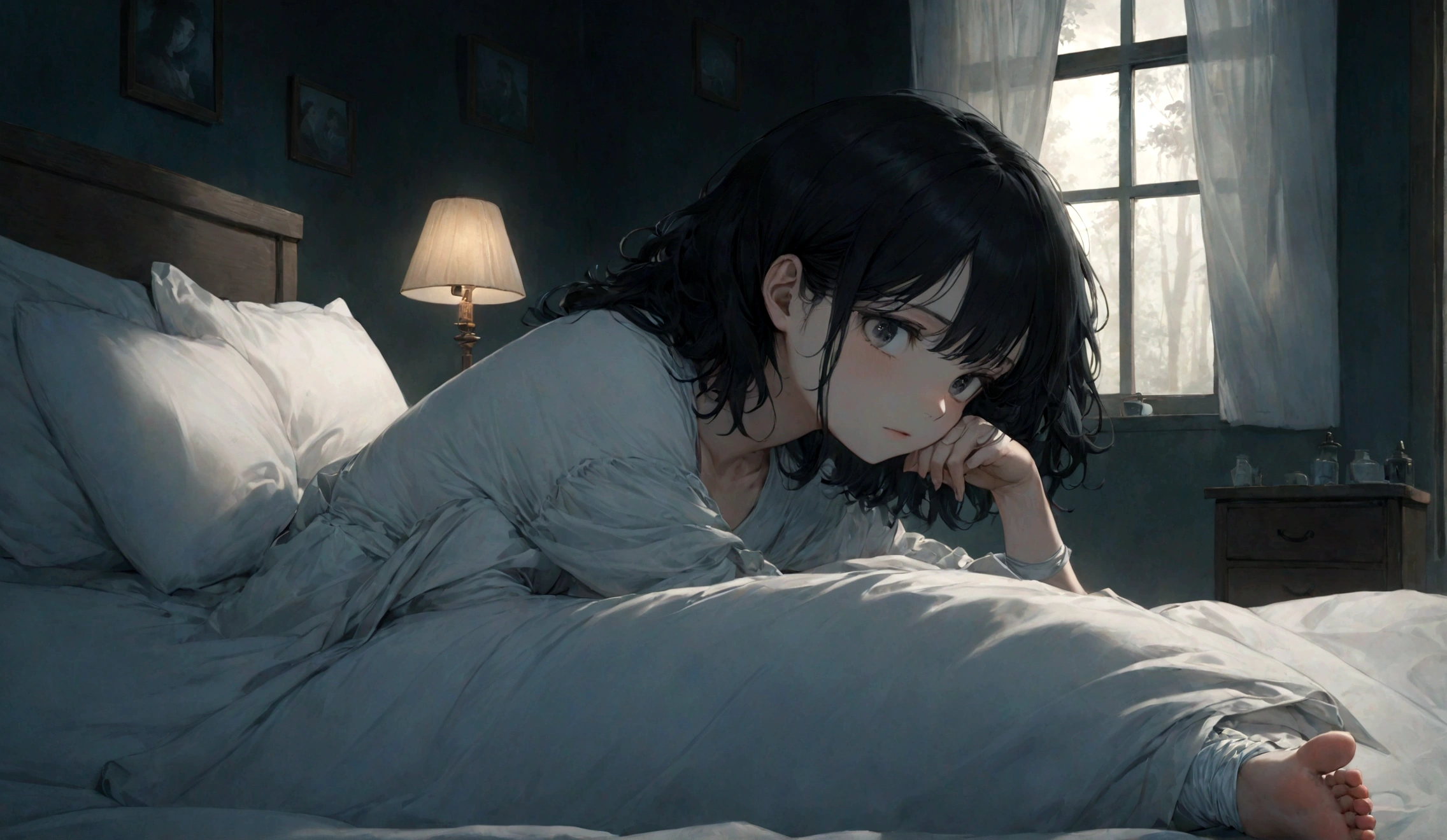 A young woman lies in bed with her foot in a curative cast. The room is dimly lit, with a window in the background showing dense, dark woods. Her expression is thoughtful and slightly anxious, hinting at a deeper story. The womman has black hair, slightly curled. 