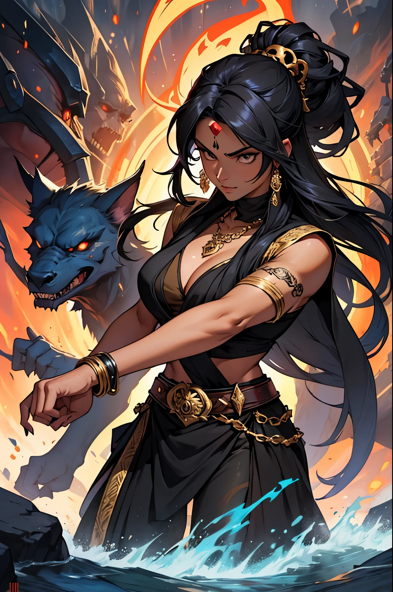    Create a high-fantasy character portrait of Neha Sharma (Kali), a formidable member of the Brotherhood of Shadows. She has an angular and defined face with a deep, glowing brown skin tone. Her sharp features include high cheekbones and a strong jawline, reflecting her intense and fierce beauty. Her large, ebony-black eyes have a fiery gleam, exuding destructive and regenerative power. Her long, wavy, coal-black hair often appears tangled or loose, giving her a wild and chaotic appearance. Neha is athletic and muscular, with a powerful and dynamic physique. She wears a combination of traditional Indian attire and battle outfits, including a dark sari, usually in black and red shades with gold embroidery depicting symbols of destruction and regeneration. She accessorizes with gold bracelets and necklaces adorned with small skulls, symbolizing death and renewal. She also has a belt with knives and ritual weapons. She is surrounded by a vibrant and fiery aura, sometimes manifesting as blue or black flames, emitting a sense of chaotic power and impending renewal, reflecting her connection to Kali.