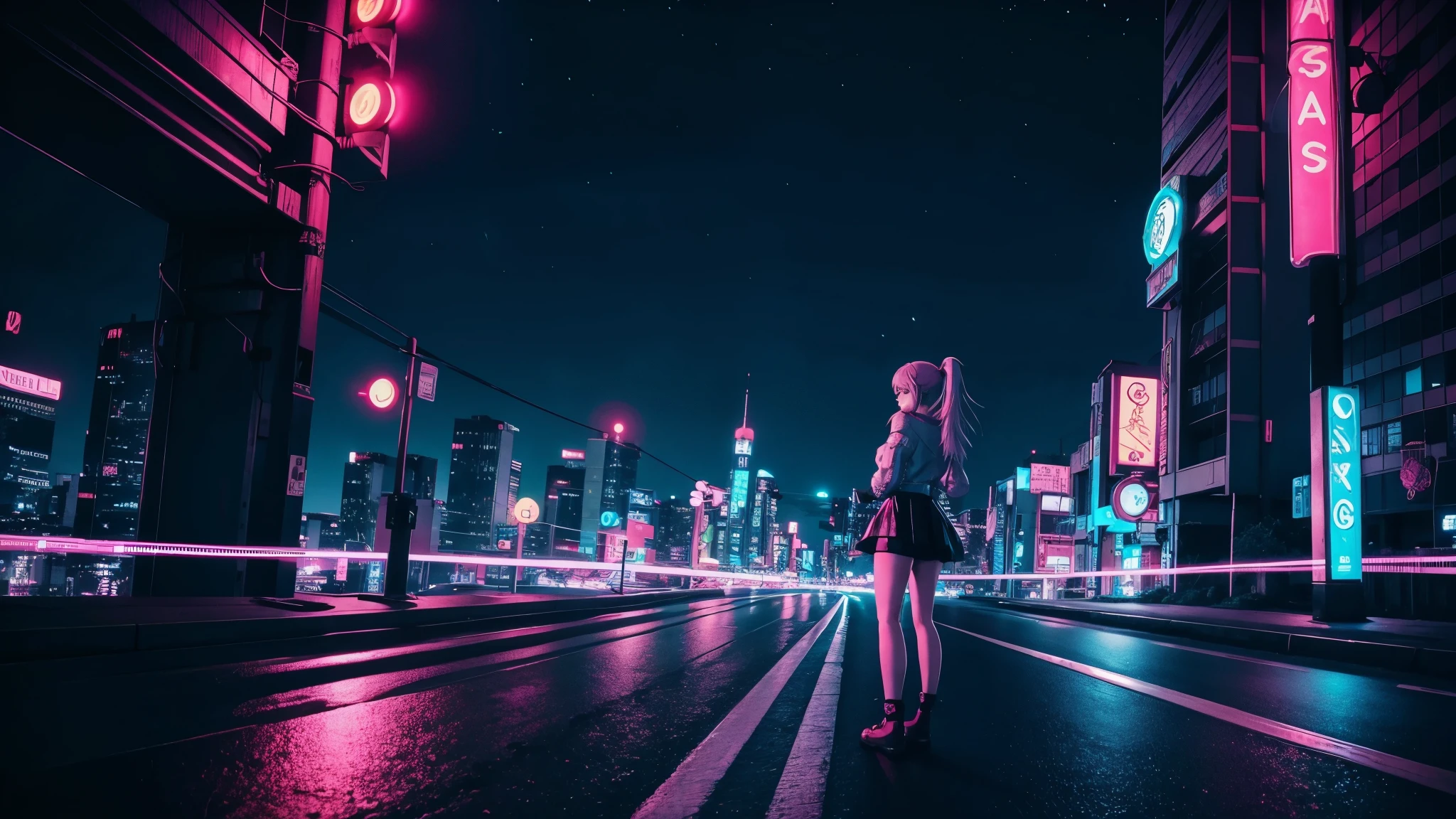 cute anime grirl, night, cyberpunk, retrowave scene, anime, 16x9, city night,