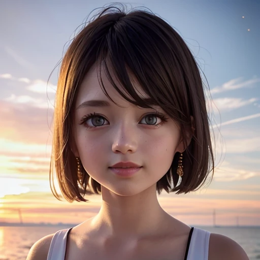 Tiny girl wearing red tube-top dress, Stroll along evening Beach, (Acutance:0.85), Masterpiece of 8K Ultra-detailed, (VolumetricLighting), SmoothShading, (RAW photorealistic:1.37), (Close-up:1.4), (Gazing at the sunseting colorful sky) (Dazzling bokeh:1.25), { (Golden ray illuminating face) | (Vivid Photon Particles:1.26) | (Gust of wind) } . (((Extremely detailed a face variation of NOGIZAKA girls))), perfect anatomy, Childish, captivating gaze, elaborate detailed Eyes with (sparkling highlights:1.3), long eyelashes、Glossy RED Lips with beautiful details, Coquettish tongue, Rosy cheeks, ((Radiant natural skin with clear transparency)) . { (Dynamic joyful expressions) | (:d) }, (no Large eyes, no tree).
