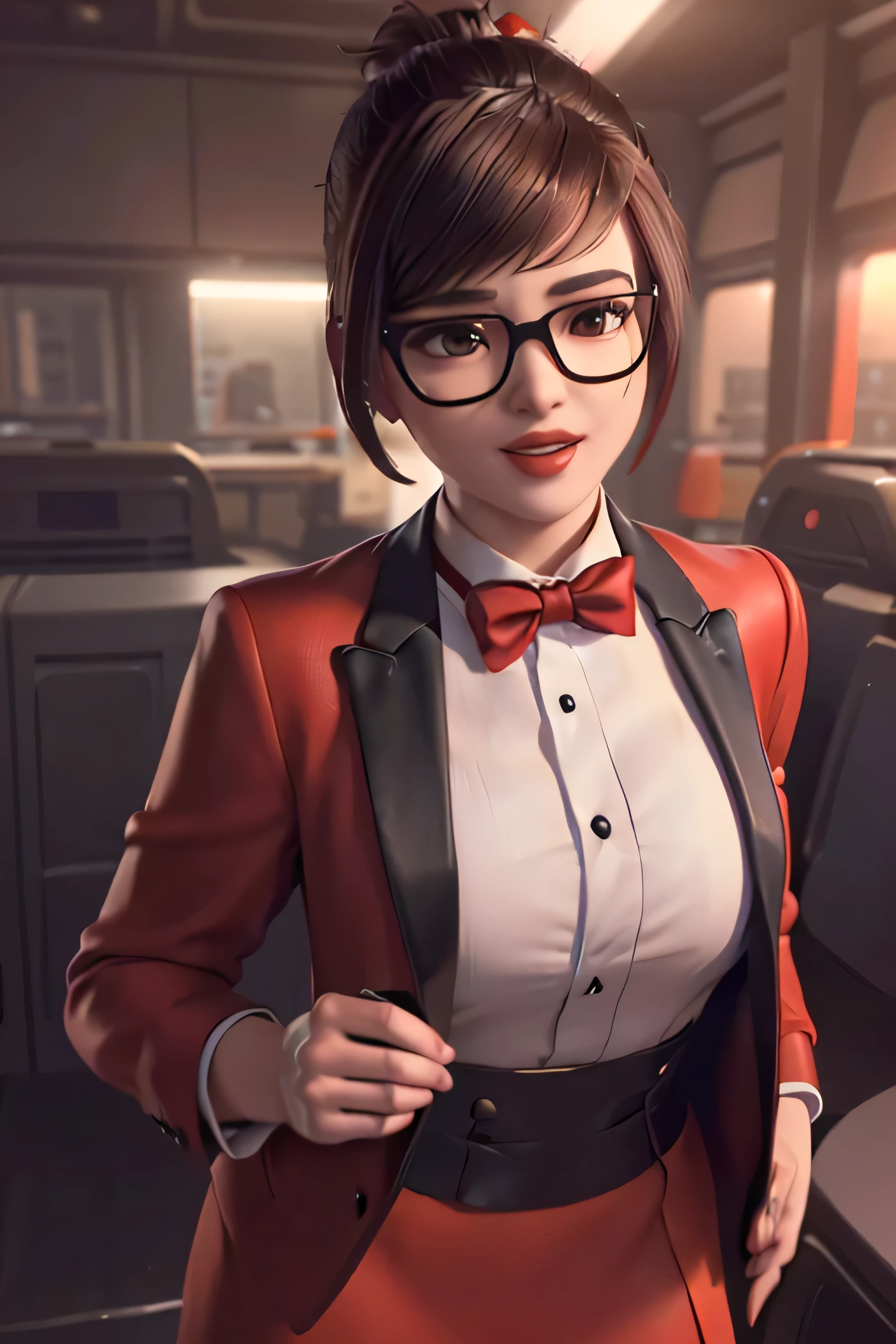 realistic, realism, photorealism, photo-realistic, high contrast, (photorealistic:1.4), 8k high definition detailed realistic,  (best quality, masterpiece:1.2),  photon mapping, radiosity, physically-based rendering, best quality, highly detailed, 1girl, owmei, skirt suit, (((red tuxedo))), (((three-piece tuxedo))), dress shirt, (((black bowtie))), ((red blazer)), ((dinner jacket)), (((bbodycon pencil miniskirt))), formal, (((red lipstick))), (((smile))), (((hair up))), (((hair bun))), glasses, professional, (((high collar))), (((tailored bespoke suit))), (((hair pin))), bedroom eyes, smirk, confident, cufflinks, (((shiny clothes))), (((pushing hair over ear))), (((shiny lapel)))