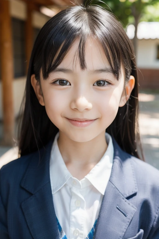 lens: 35mm f1.8, (highest quality),(RAW Photos), Full body photography、 (Beautiful 9 year old Japanese girl), Cute Face, (Deeply chiseled face:0.7), (freckles:0.4), dappled sunlight, Dramatic lighting, (Japanese School Uniform), (On campus), shy, (Close-up shot:1.2), (smile),, (Sparkling eyes)、(sunlight)