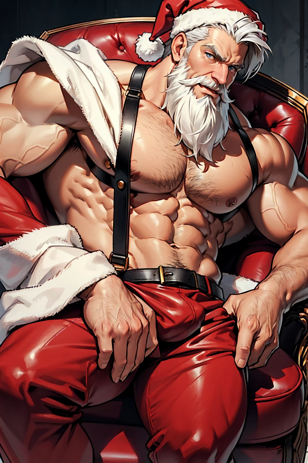 Middle-aged man, short white hair, white mustache, handsome masculine face, perverted expression, white beard, muscular body, huge chest, huge biceps, gray body hair, blue eyes and muscular thighs. He is wearing a sexual Santa Claus costume, wearing a black leather jockstrap with a huge bulge in the crotch, red harness on his chest, Santa Claus hat. He is sitting in a red leather armchair with his legs spread, with a whip in his right hand and a Christmas theme. Front angle.