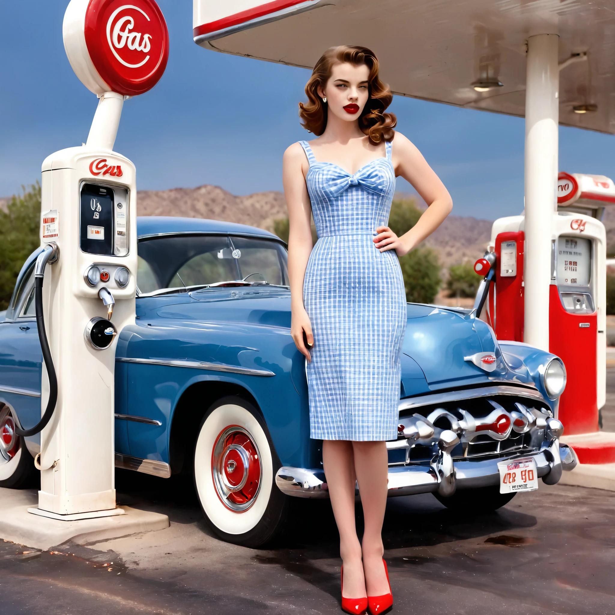 A beautiful young woman with vintage 1950s style pinup stands confidently in front of a classic blue car at a retro gas station. She wears a form-fitting, blue gingham dress that accentuates her figure, complemented by red lipstick and elegant, curled brown hair. The gas station has a nostalgic feel, with red and white accents and a classic gas pump. The night sky above is clear, adding a serene ambiance to the scene. The overall mood is nostalgic and glamorous, capturing the essence of mid-20th-century Americana. perfect face, Ultra realistic photo, vibrant colors, 16k
