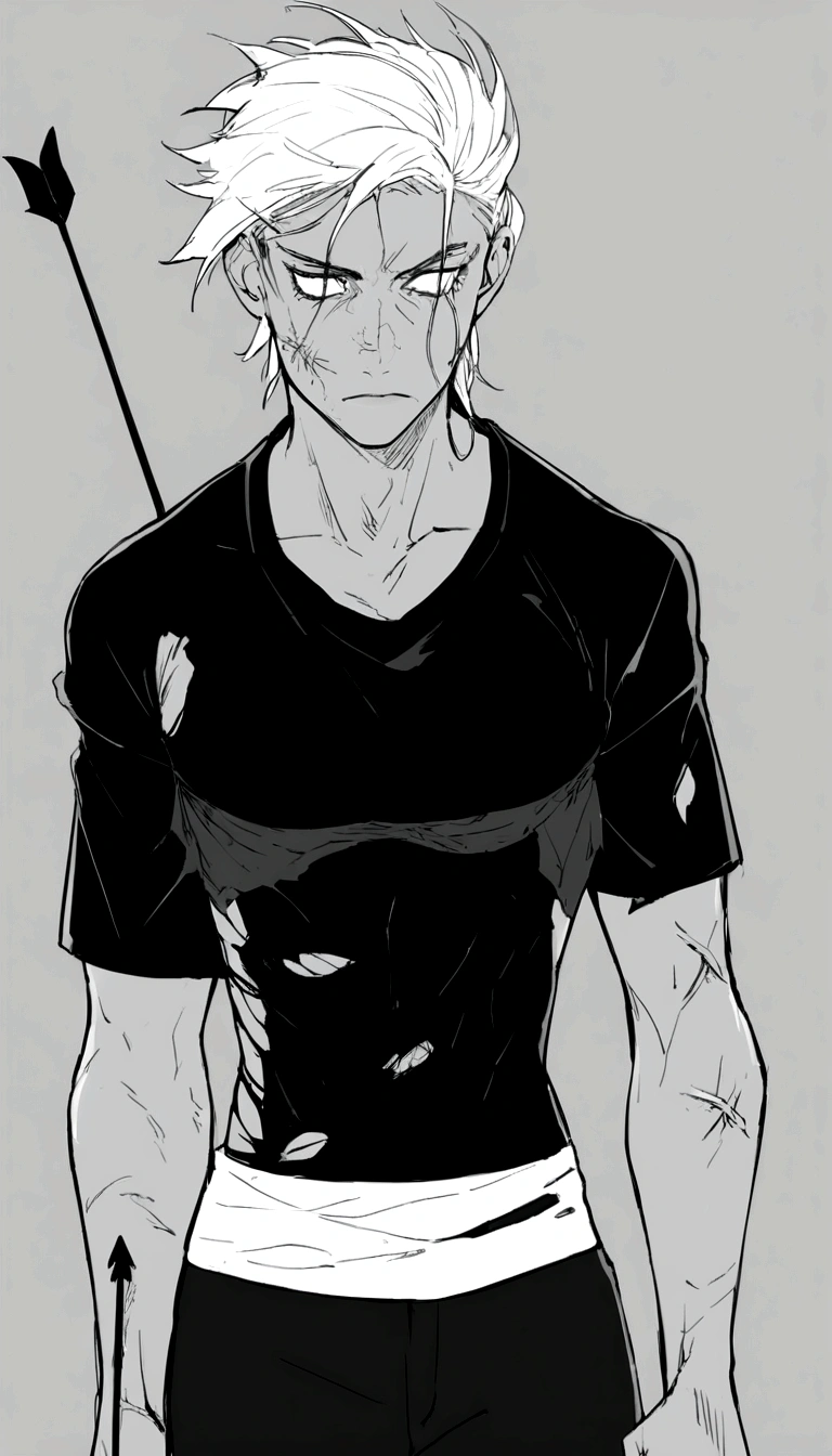 male , injured all over his body, with an arrow stuck in his back, torn clothes