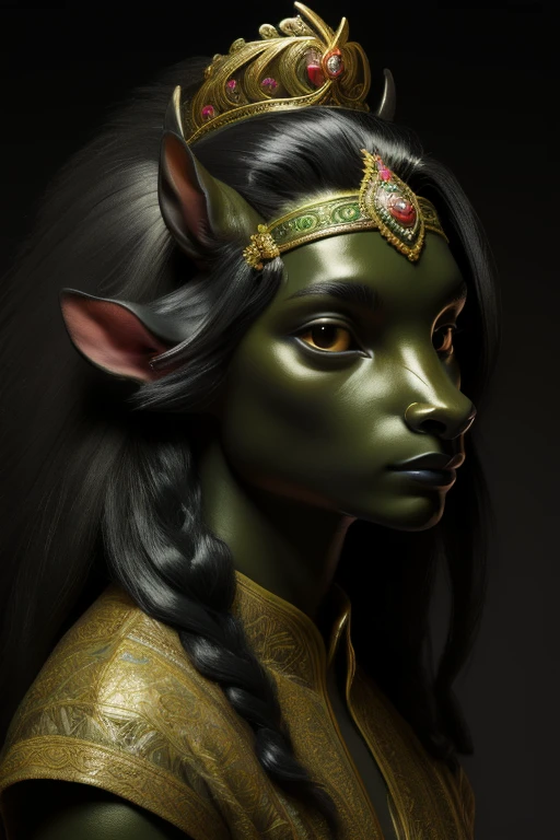 masterpiece,best quality,highest resolution,intricately detailed,deerlike,rich green skin,skin-green,(((glossy black-mane no part))),smallest deer-ears,cute doe-eyes,deer-nose,female woman,cute human face,feminine,princess,delicate tiara,white dress,portrait,hands as hooves,masterpiece,best,quality,highest resolution,portrait,digital painting,