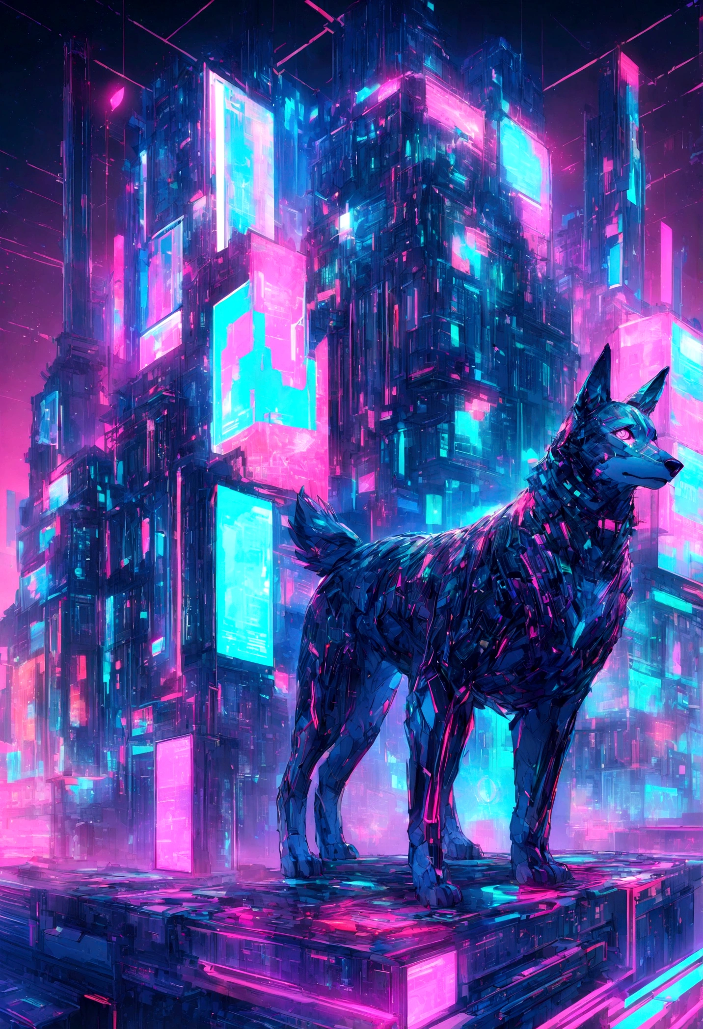 Create a digital artwork of a 'Crypto Dog.' This futuristic canine should embody the essence of cryptocurrencies and blockchain technology. Imagine the dog as a sleek, tech-savvy creature with a cybernetic look. The dog's fur could be interwoven with circuits or have glowing patterns resembling blockchain nodes. Incorporate elements such as cryptocurrency symbols (like Bitcoin, Ethereum), digital ledgers, or holographic displays into the design. The background should evoke a sense of a high-tech, digital landscape, perhaps with a matrix of binary code or a neon-lit cityscape. The overall style should be a blend of sci-fi and modern digital art.