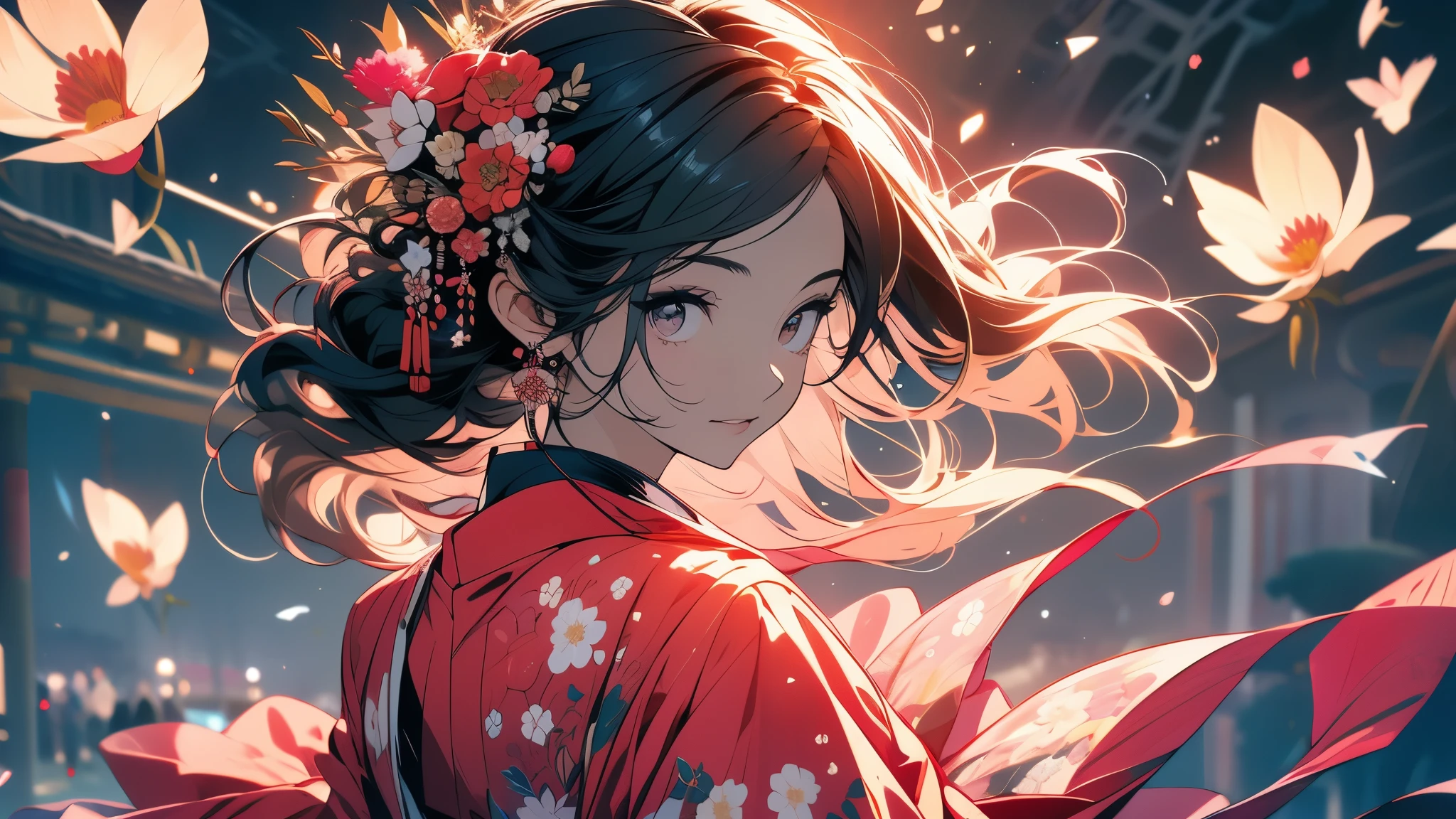 8k resolution, ((of the highest quality)), ((obra maestra)), ((super detailed)), (Muy delicado y hermoso), con a girl, solo, gentle expression, Ella es muy(relajarse)con(calma)apariencia, cabello rosado, Depth of written limits., sonrisa brillante, Young Expression, Bright peach eyes, beautiful cabello rosado, hermoso fondo, pelo largo, arte lineal, kimono rosa, Japan, Japanese Style, Eyes that shine like Flores de cerezo, Ojo superior, ojos maravillosos, Flores de cerezo, Flores de cerezo tree, Flores de cerezo flowers are dancing, parte superior del cuerpo