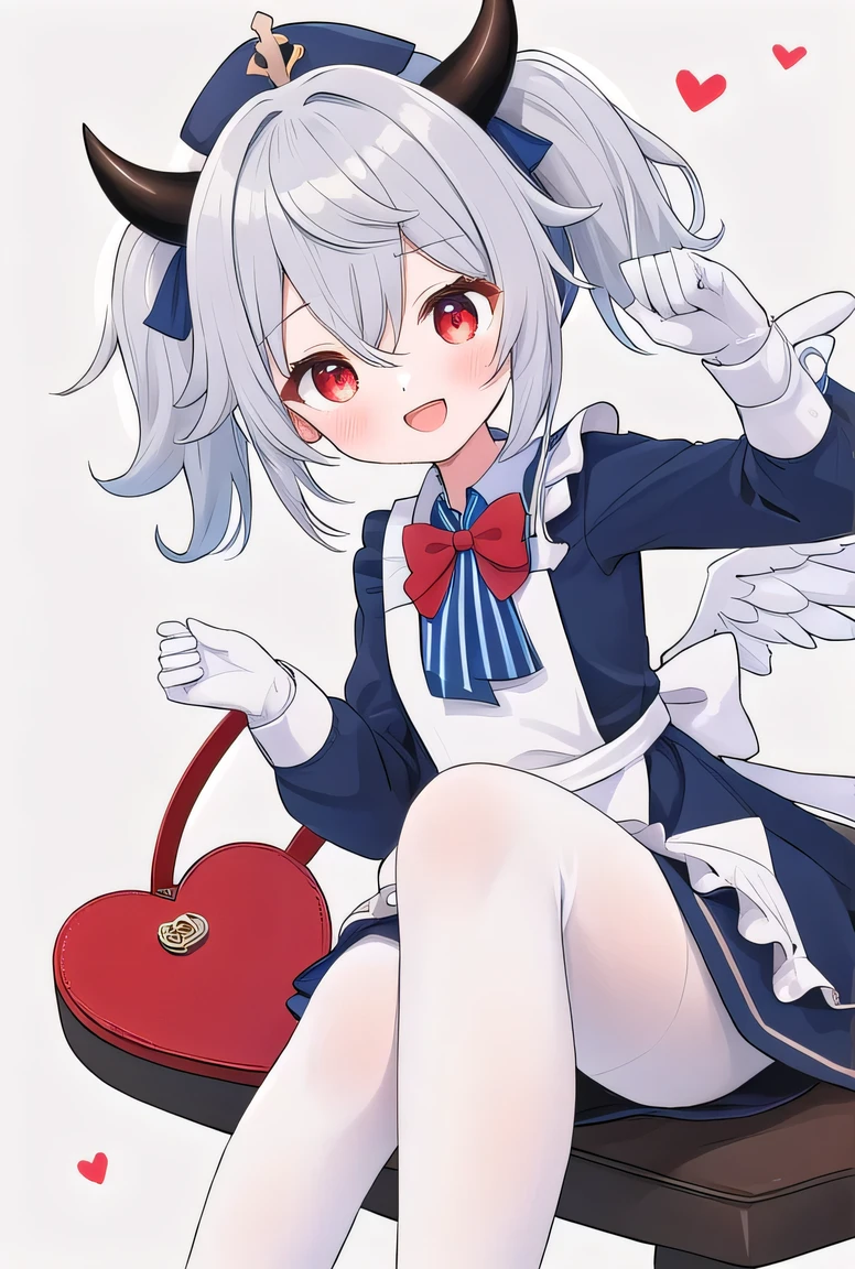 One girl, Shigewin \(Genshin Impact\), Red eyes, blush, White gloves, White legwear, View Viewer, smile, Open your mouth, Gray background, Twin tails, horn, Simple Background, Long sleeve, low Twin tails, Sitting, Gray Hair, Red Bow, short Twin tails, pantyhose, short hair, Depth of written boundary, White Dress, Blurred foreground, Silver Hair, Long Hair, :d, bow tie, hair ornaments, Hair between the eyes, Raise your hand, Knee socks, Braiding, Low Wing, Tilt your head, Red Neckwear, Reaching out, Dutch Angle, Striped, Blue Hair, brooch, Sparkle, shirt, white Knee socks, alone, Reaching out towards the viewer, Red Bow on apron, Blue ribbon on apron, White apron, red bow tie, green shirt, Black shorts, Heart-shaped bag, white collar, collared shirt, White waist ribbon, White Wings, Mini Wing, Apron Bow, masterpiece, highest quality