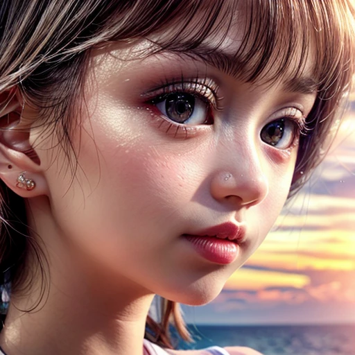 Tiny girl wearing red tube-top dress, Stroll along evening Beach, (Acutance:0.85), Masterpiece of 8K Ultra-detailed, (VolumetricLighting), SmoothShading, (RAW photorealistic:1.37), (Close-up:1.4), (Gazing at the sunseting colorful sky) (Dazzling bokeh:1.25), { (Golden ray illuminating face) | (Vivid Photon Particles:1.26) | (Gust of wind) } . (((Extremely detailed a face variation of NOGIZAKA girls))), perfect anatomy, Childish, captivating gaze, elaborate detailed Eyes with (sparkling highlights:1.3), long eyelashes、Glossy RED Lips with beautiful details, Coquettish tongue, Rosy cheeks, ((Radiant natural skin with clear transparency)) . { (Dynamic joyful expressions) | (:d) }, (no Large eyes, no tree).