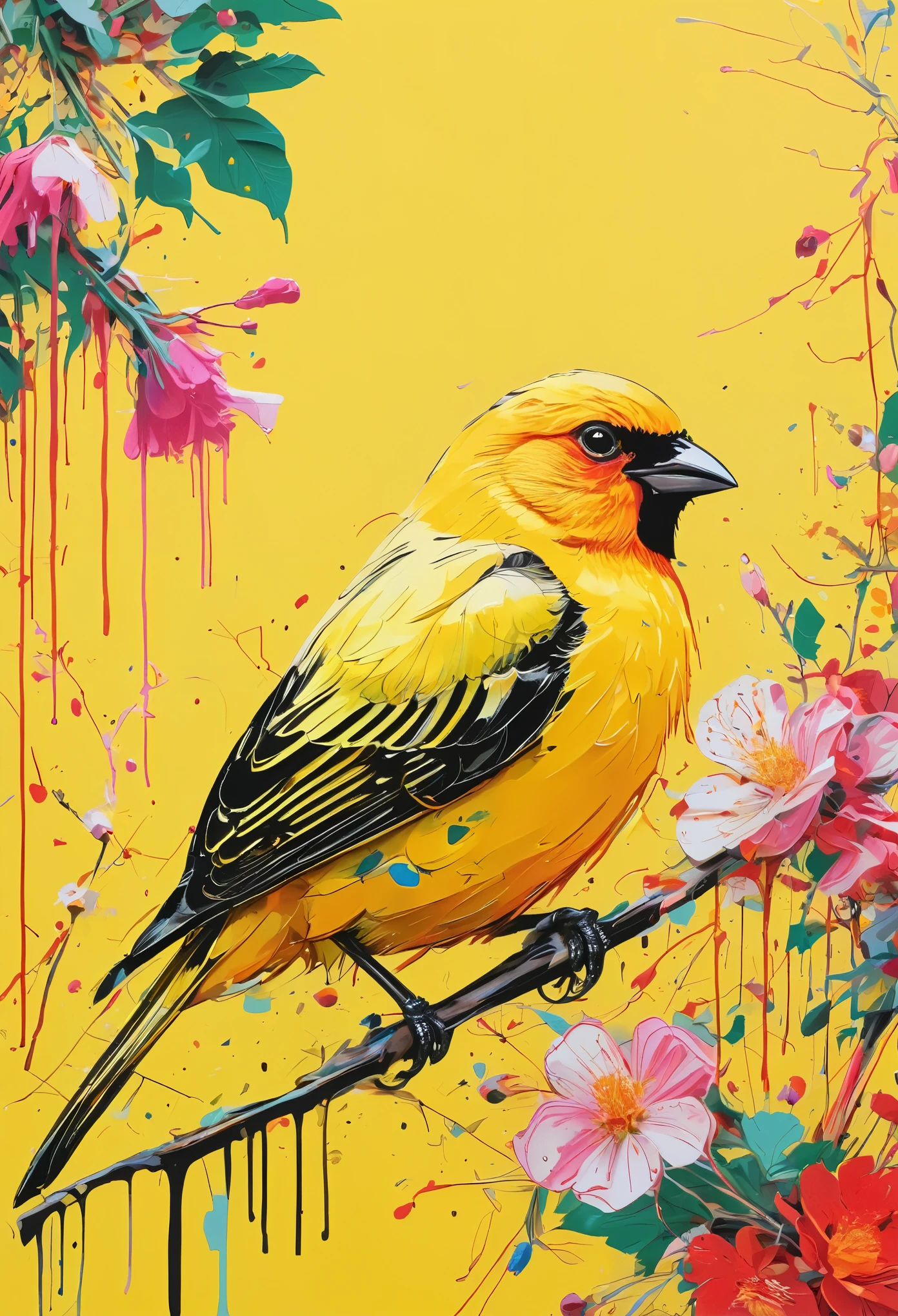 Graffiti, scribble, Comics by Petra Cortright, best quality, masterpiece, yellow bird artwork, Representative work, official art, Professional, Ultra intricate detailed, 8k, yellow bird art, colourful background