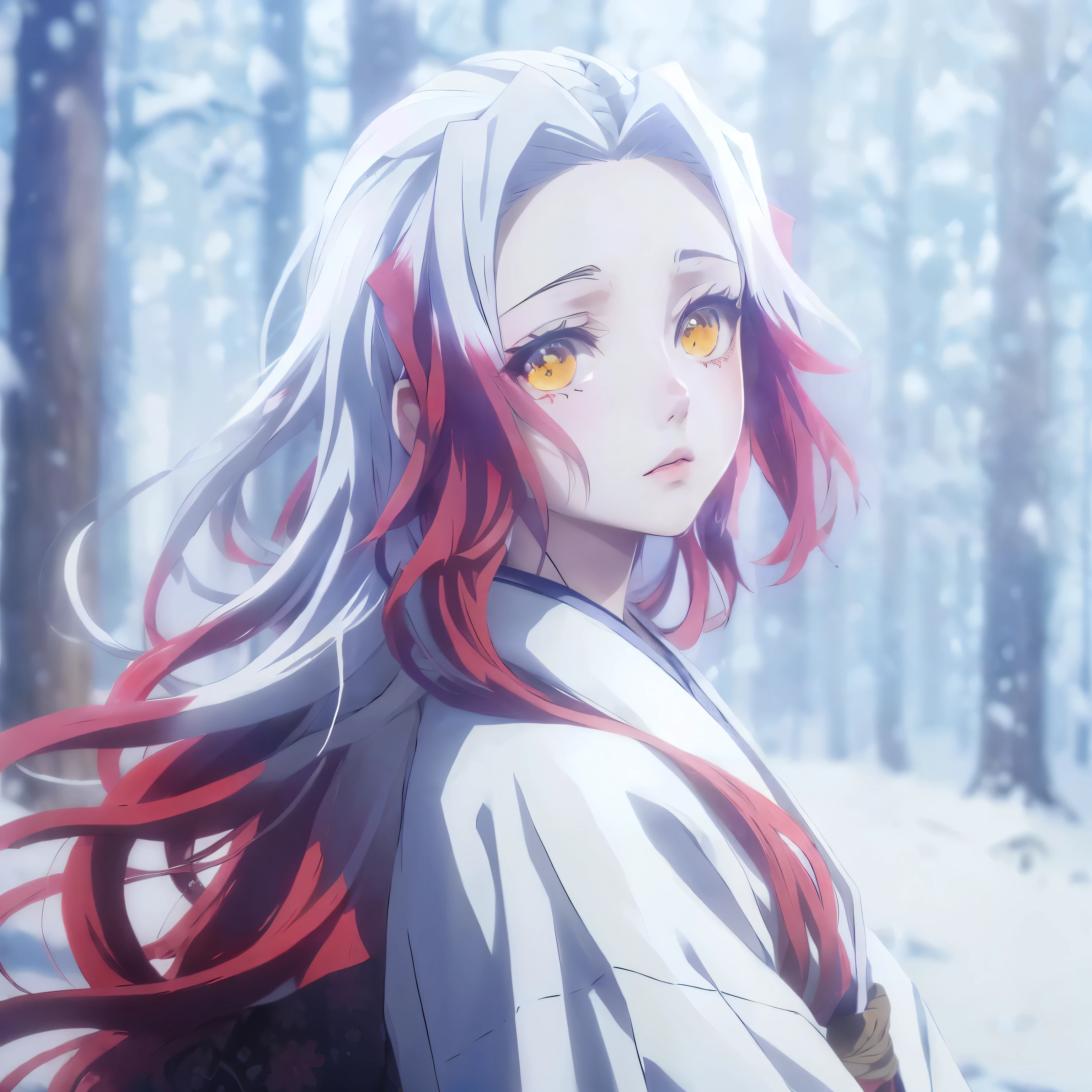 Kimetsu no yalba anime style female character, long white hair and red hair highlights of hair, yellow eyes, wearing a kimono with an atana, in a snowy forest, soft expression, in fighting position. Blood power.
