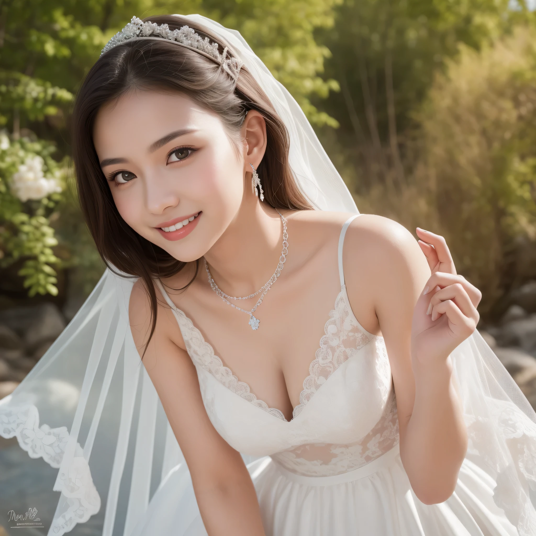 (kawaii face, amazing flat breasts), happy smile, (Beautiful frills and lace cute wedding dress:1.3), (tiaras, necklaces, earrings), Ultra High Definition, Superior Quality, Premier Quality, ultra detailed, Photorealistic, 8k, RAW Photos, highest quality, masterpiece, professional photography, Realistic portrait, Beautiful detailed, Close up portrait of girl, Outdoors, beautiful sight, beautiful scenery, (natural scenery), (Fine face:1.2),