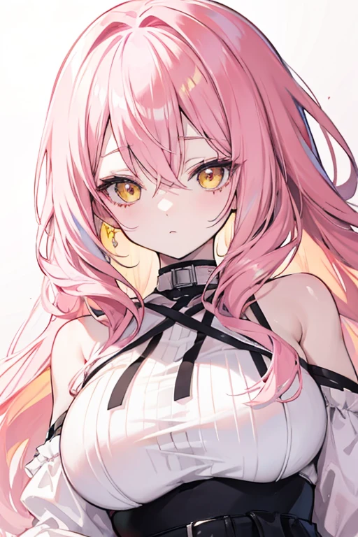 anime girl with pastel pink hair, yellow eyes, pale skin, fine and soft features 