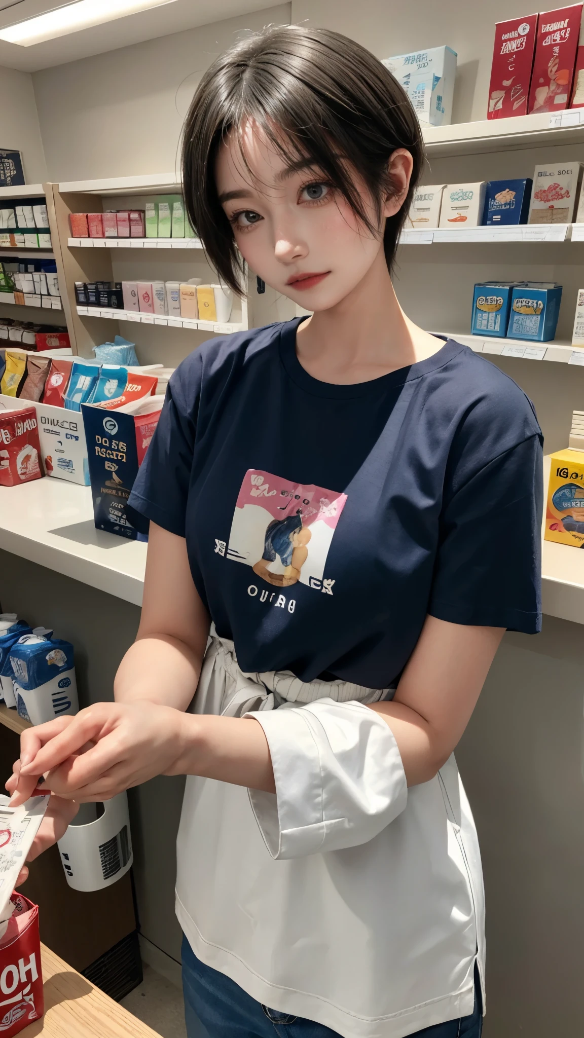 masterpiece、highest quality、be familiar with、1 female、18-year-old、blue eyes、blonde、black skin、(((oil skin))),shiny skin, short hair、Oversized T-shirt、Shoulders are out、Seductive thighs、big breasts、big breasts、A woman went shopping、Angle from above、embarrassed face、from the front、upward glance、background bokeh、In front of the convenience store cashier counter、A girl who came to buy condoms、Place condoms and alcohol on the cashier counter、