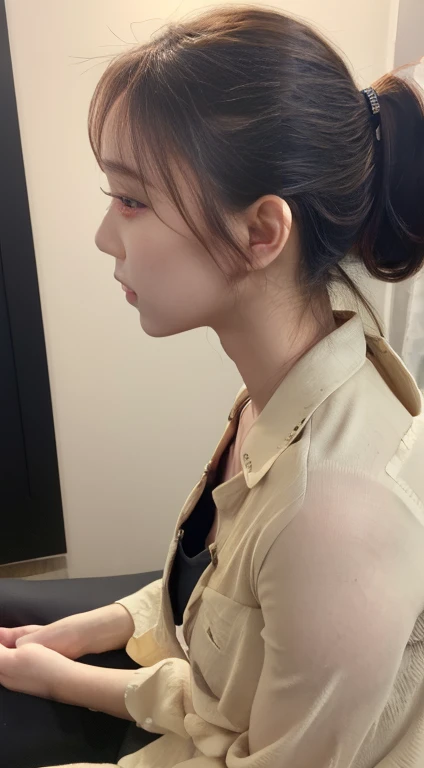 indoor, A gentle and charming beautiful goddess, Japanese women、alone, ponytail, Long legs, Face like goose eggs, double eyelid, Creative, Nice hands, Good legs, nature(Moderate:1.25), open button shirt, Exposed breasts,(Glossy glossy shairin:1.05), ((Low angle)), Perfect body, (hair, Hyper HD, RAW Photos, The best quality at its best, masterpiece:1.4), (Actual, photo-Actual:1.37), Ultra-high resolution, Photon Mapping, Radio City, Physically Based Rendering, Professional soft lighting、(munechira、The bra is flickering:1.5)、see-through bra、(こちらに体を向hairている、front)