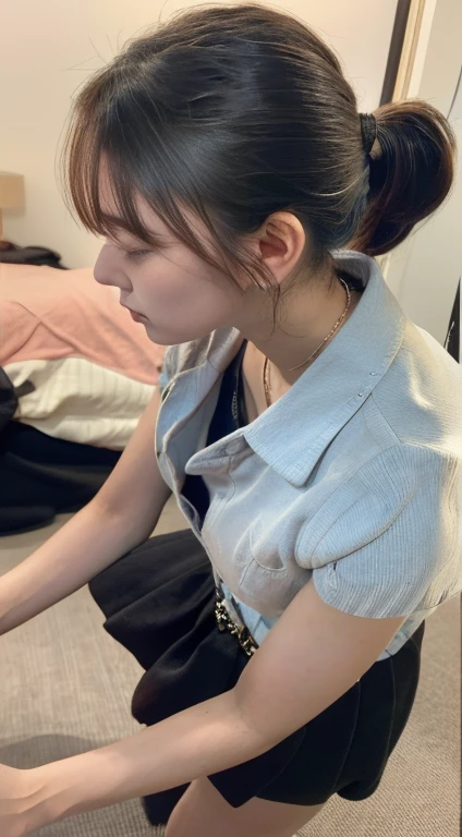 indoor, A gentle and charming beautiful goddess, Japanese women、alone, ponytail, Long legs, Face like goose eggs, double eyelid, Creative, Nice hands, Good legs, nature(Moderate:1.25), open button shirt, Exposed breasts,(Glossy glossy shairin:1.05), ((Low angle)), Perfect body, (hair, Hyper HD, RAW Photos, The best quality at its best, masterpiece:1.4), (Actual, photo-Actual:1.37), Ultra-high resolution, Photon Mapping, Radio City, Physically Based Rendering, Professional soft lighting、(munechira、The bra is flickering:1.3)、see-through bra