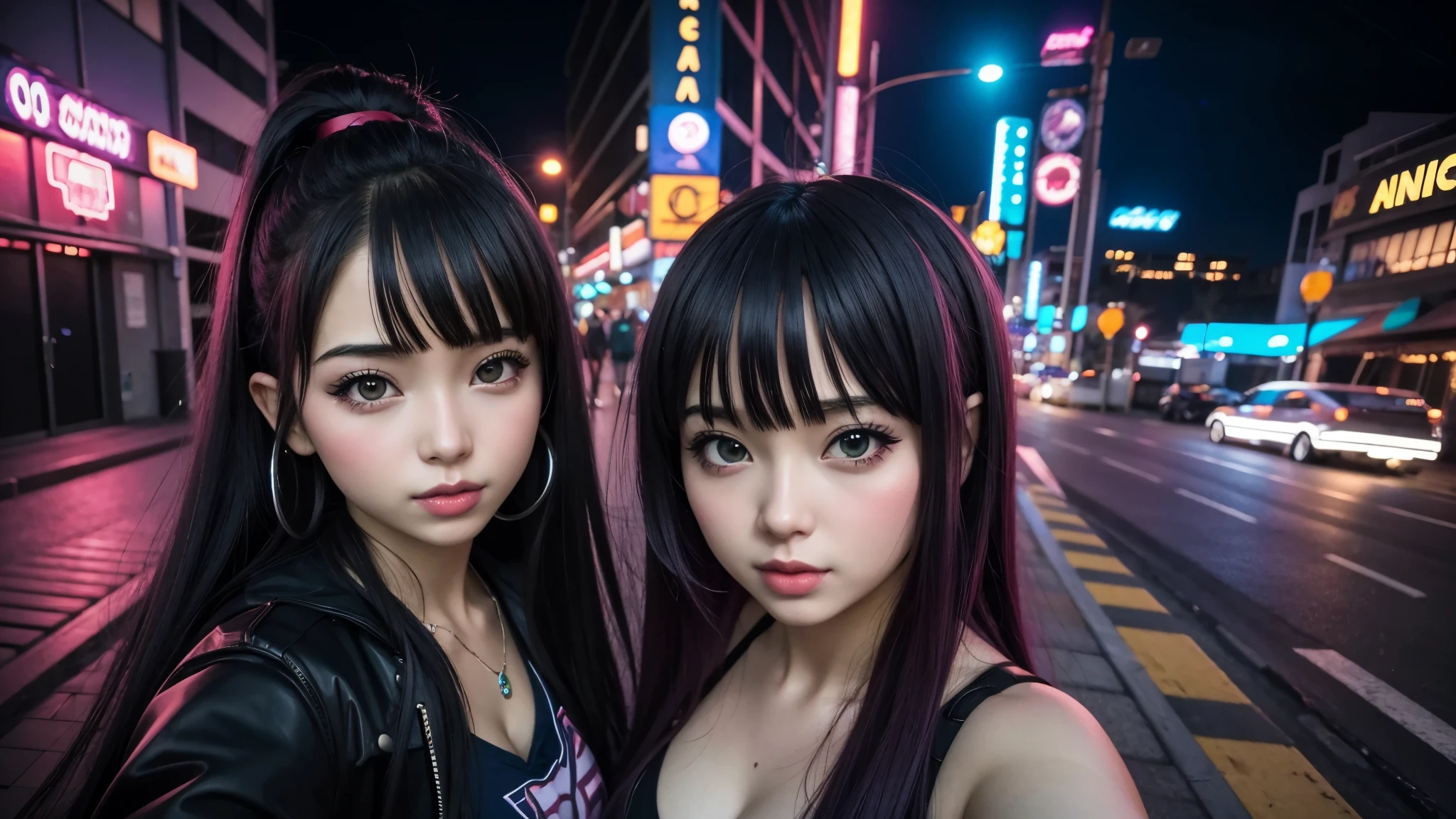 cute anime grirl, desenho, mango, night, cyberpunk, retrowave scene, anime, 16x9, city night, estudantes, fliperamas, neon, pouca roupa, selfie, Photogenic, exibicionista