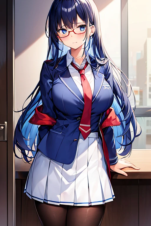 1girl, ((school uniform)), mature female, tall female, blue hair, dark blue hair, black hair, long hair, messy hair, wavy mouth, blue eyes, shy, timid, large breasts, thick thighs, pantyhose, arms behind back, white skirt, skirt, red necktie, necktie, blue jacket jacjet,, pleated skirt, glasses, red glasses, ((blue jacket)),