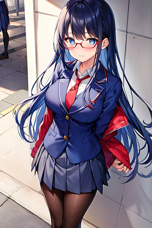 1girl, ((school uniform)), mature female, tall female, blue hair, dark blue hair, black hair, long hair, messy hair, wavy mouth, blue eyes, shy, timid, large breasts, thick thighs, pantyhose, arms behind back, white skirt, skirt, red necktie, necktie, blue jacket jacjet,, pleated skirt, glasses, red glasses, ((blue jacket)),