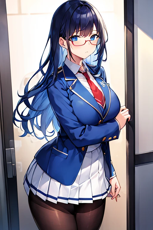 1girl, ((school uniform)), mature female, tall female, blue hair, dark blue hair, black hair, long hair, messy hair, wavy mouth, blue eyes, shy, timid, large breasts, thick thighs, pantyhose, arms behind back, white skirt, skirt, red necktie, necktie, blue jacket, pleated skirt, red glasses, glasses, ((blue jacket)), jacket