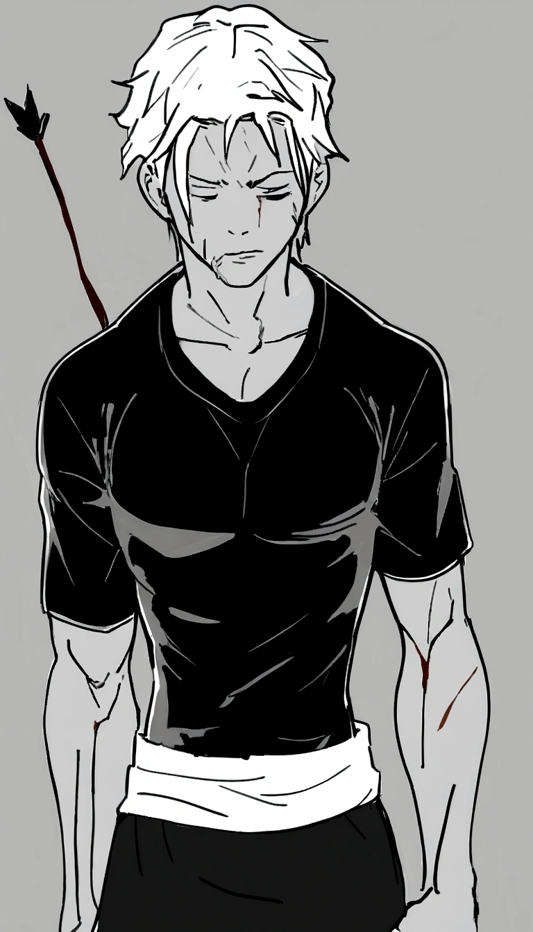 male , injured all over his body, with an arrow stuck in his back, torn clothes