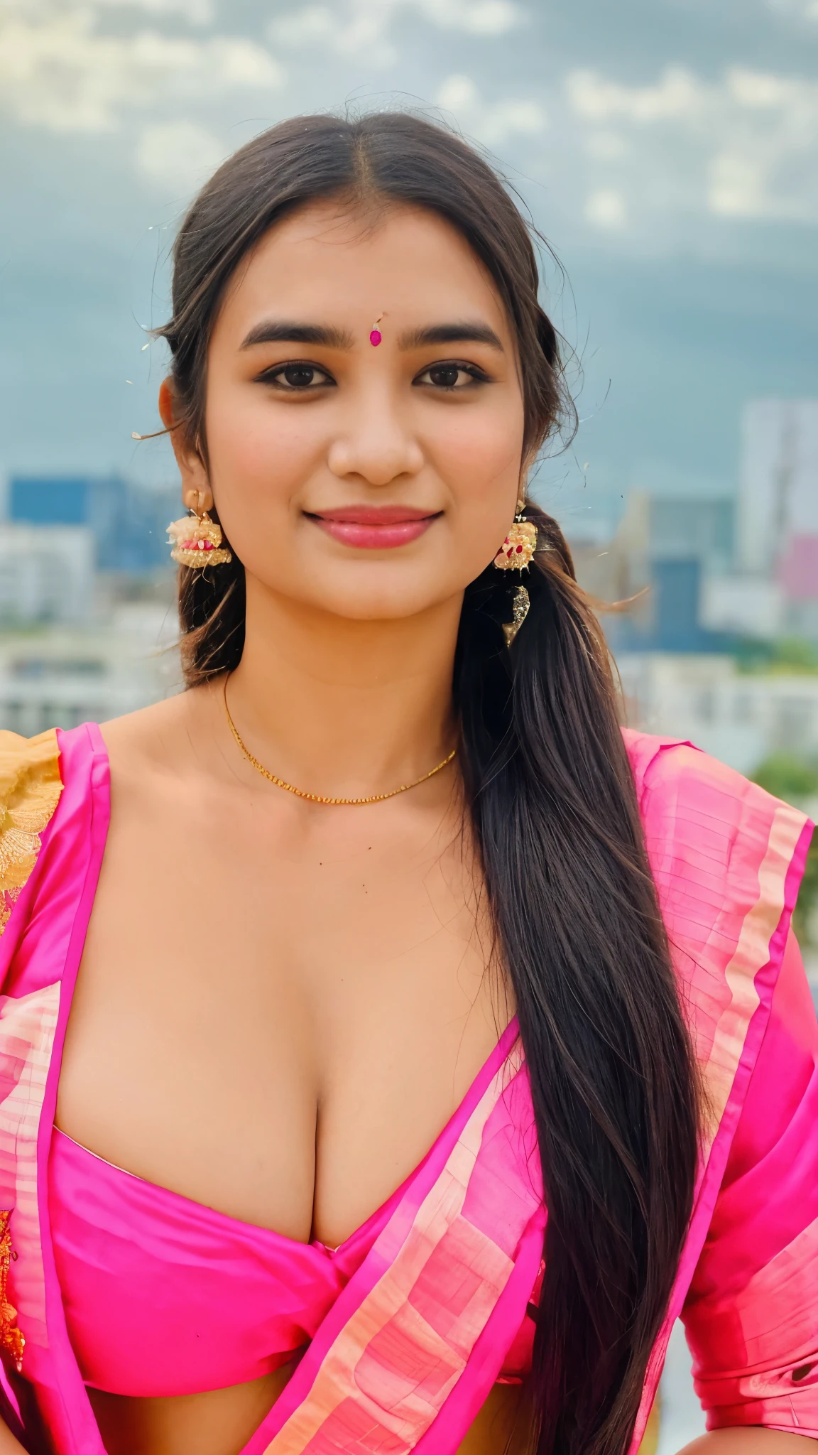 close up photo of 25 years old qmadhu in a barbie theme , swooping breasts, smile, deep cleavage, look at camera, nude, banded pigtails, 4K, HD