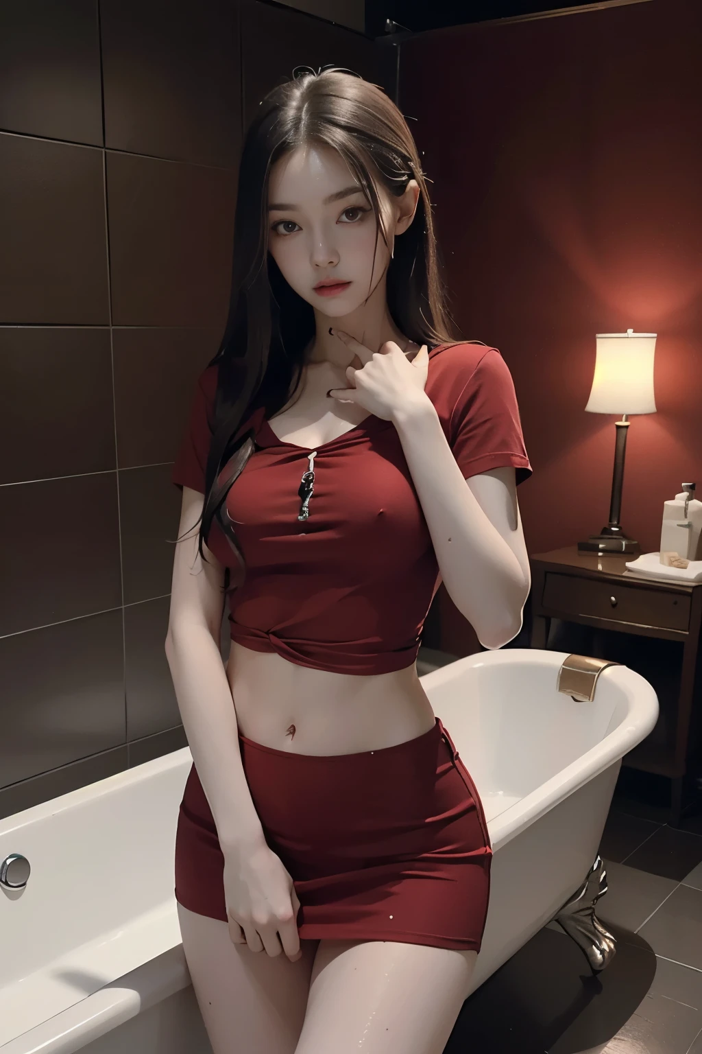 26 years old teen  with long and tight and thin red shirt and pale long body fit pale red skirt, hand ties with ropes,in the bathroom tub , wet,  sexy, slim body, red lights, night, dark, hairy, waiting for take a bath,sexy pose, hairy, bang, night time dark, sperm