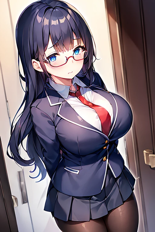 1girl, ((school uniform)), mature female, tall female, dark blue hair, black hair, long hair, wavy mouth, blue eyes, shy, timid, huge breasts, thick thighs, pantyhose, arms behind back, white skirt, skirt, red necktie, necktie, black jacket, pleated skirt, red glasses, glasses, ((black jacket)), jacket