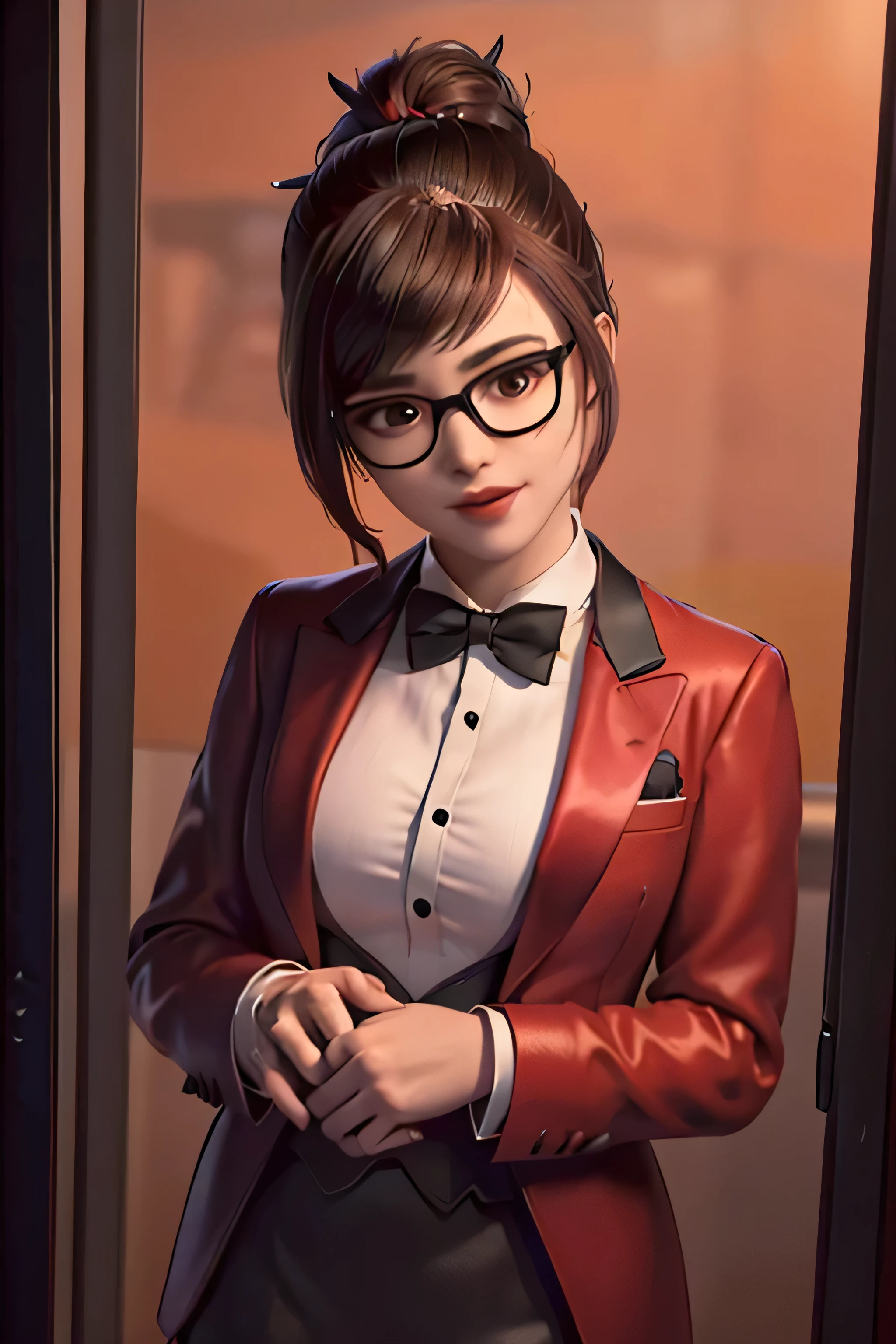 realistic, realism, photorealism, photo-realistic, high contrast, (photorealistic:1.4), 8k high definition detailed realistic,  (best quality, masterpiece:1.2),  photon mapping, radiosity, physically-based rendering, best quality, highly detailed, 1girl, owmei, skirt suit, (((red tuxedo))), (((three-piece tuxedo))), dress shirt, (((black bowtie))), ((red blazer)), ((dinner jacket)), (((bbodycon pencil miniskirt))), formal, (((red lipstick))), (((smile))), (((hair up))), (((hair bun))), glasses, professional, (((high collar))), (((tailored bespoke suit))), (((hair pin))), bedroom eyes, smirk, confident, cufflinks, (((shiny clothes))), (((pushing hair over ear))), (((shiny lapel))), (((mascara))), (((dark eyeshadow)))