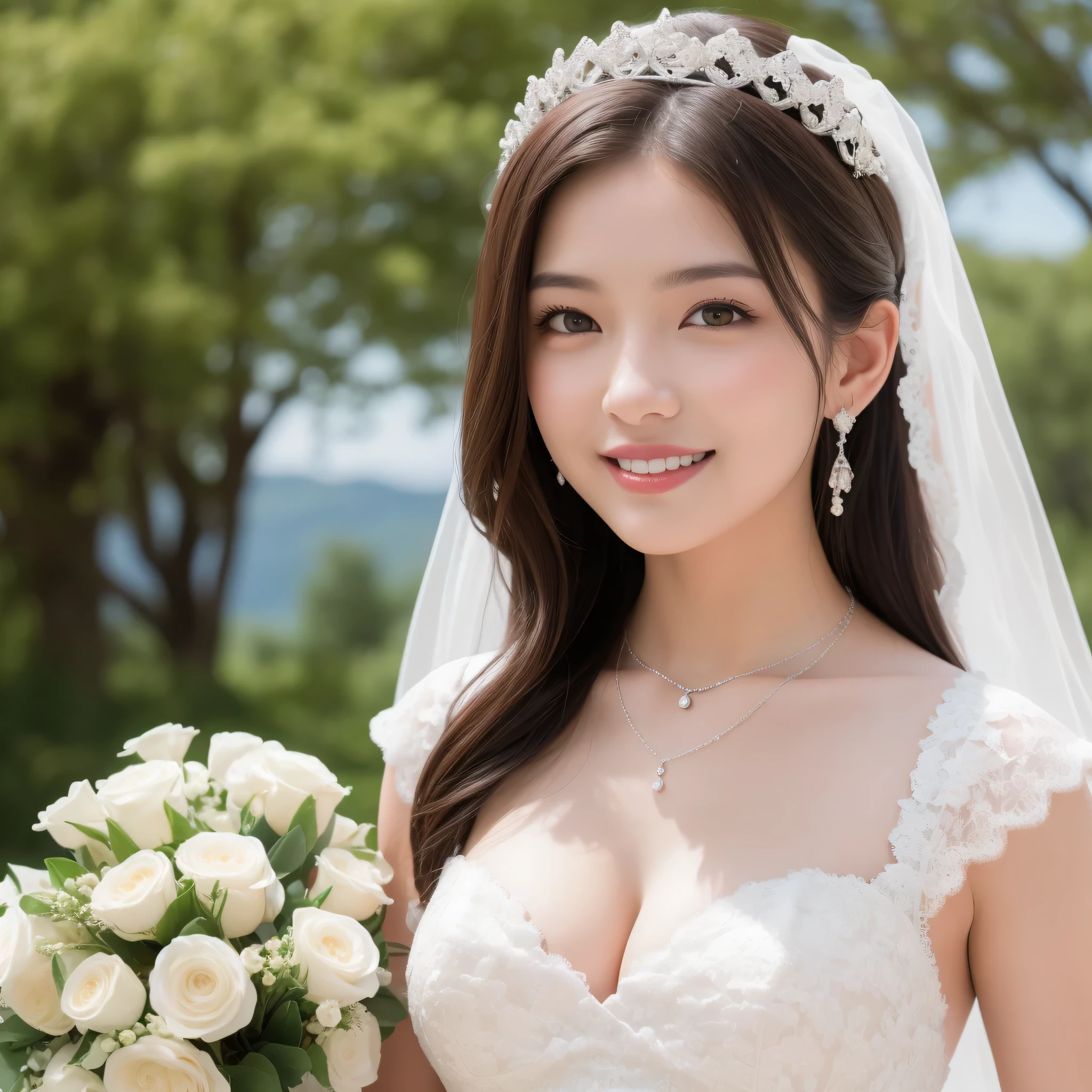 (kawaii face, amazing flat breasts), happy smile, (Beautiful frills and lace cute wedding dress:1.3), (tiaras, necklaces, earrings), Ultra High Definition, Superior Quality, Premier Quality, ultra detailed, Photorealistic, 8k, RAW Photos, highest quality, masterpiece, professional photography, Realistic portrait, Beautiful detailed, Close up portrait of girl, Outdoors, beautiful sight,  beautiful scenery, (natural scenery), (Fine face:1.2),