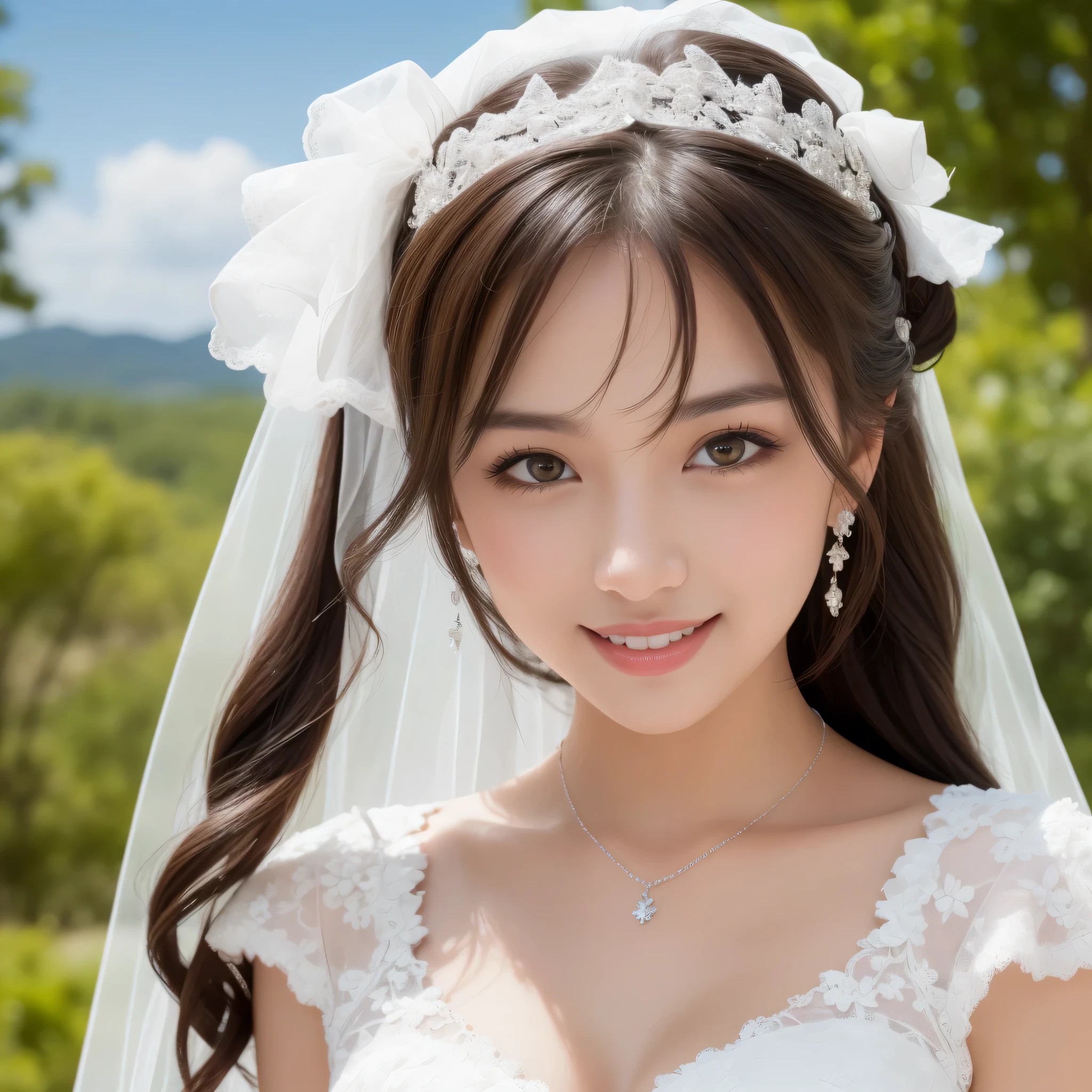 (kawaii face, amazing flat breasts), happy smile, (Beautiful frills and lace cute wedding dress:1.3), (tiaras, necklaces, earrings), Ultra High Definition, Superior Quality, Premier Quality, ultra detailed, Photorealistic, 8k, RAW Photos, highest quality, masterpiece, professional photography, Realistic portrait, Beautiful detailed, Close up portrait of girl, Outdoors, beautiful sight,  beautiful scenery, (natural scenery), (Fine face:1.2),