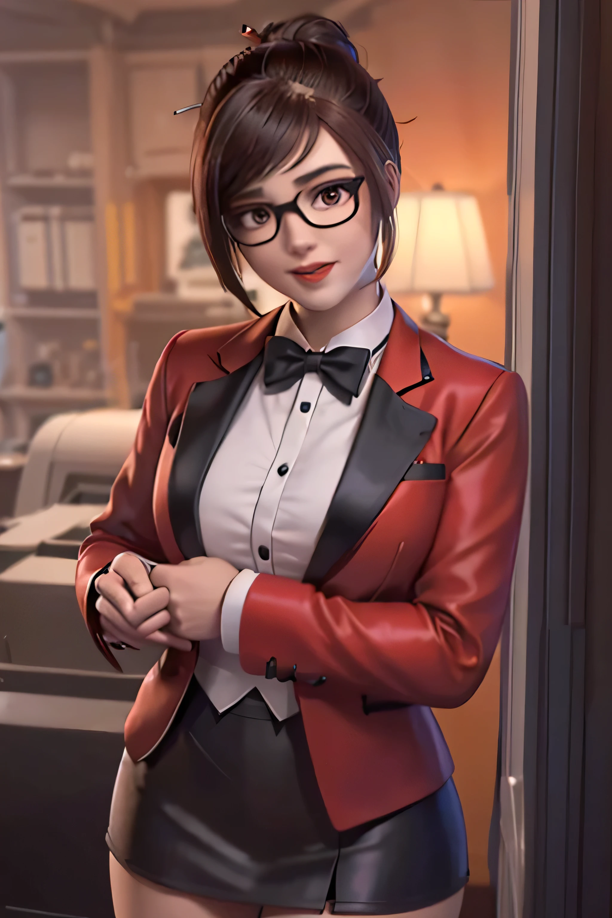 realistic, realism, photorealism, photo-realistic, high contrast, (photorealistic:1.4), 8k high definition detailed realistic,  (best quality, masterpiece:1.2),  photon mapping, radiosity, physically-based rendering, best quality, highly detailed, 1girl, owmei, skirt suit, (((red tuxedo))), (((three-piece tuxedo))), dress shirt, (((black bowtie))), ((red blazer)), ((dinner jacket)), (((bbodycon pencil miniskirt))), formal, (((red lipstick))), (((smile))), (((hair up))), (((hair bun))), glasses, professional, (((high collar))), (((tailored bespoke suit))), (((hair pin))), bedroom eyes, smirk, confident, cufflinks, (((shiny clothes))), (((pushing hair over ear))), (((shiny lapel))), (((mascara))), (((dark eyeshadow)))